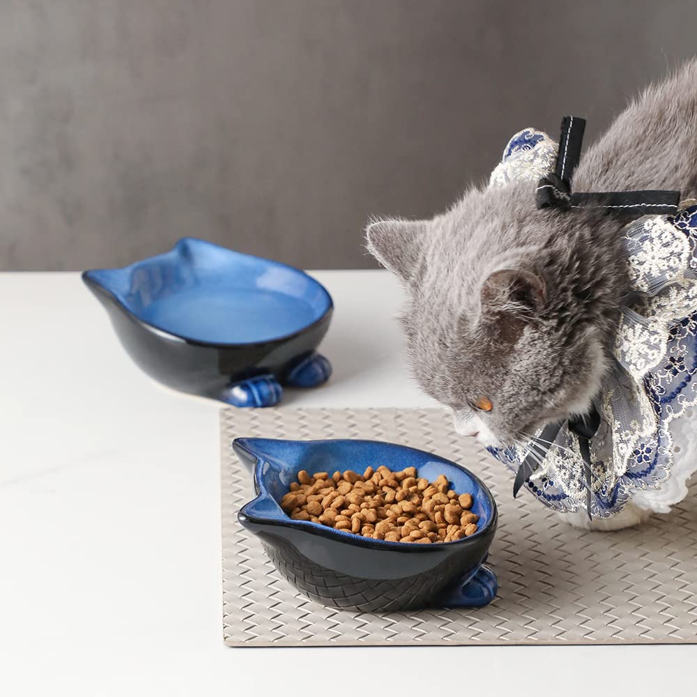 Nihow Ceramic Cat Bowl Set - 5 Inch Food & Water Dish for Cats - Food Grade, Microwave & Dishwasher Safe - Elegant Blue & Black (4.25 OZ, 1 Piece) - Perfect for Daily Feeding, Travel & Gift Giving