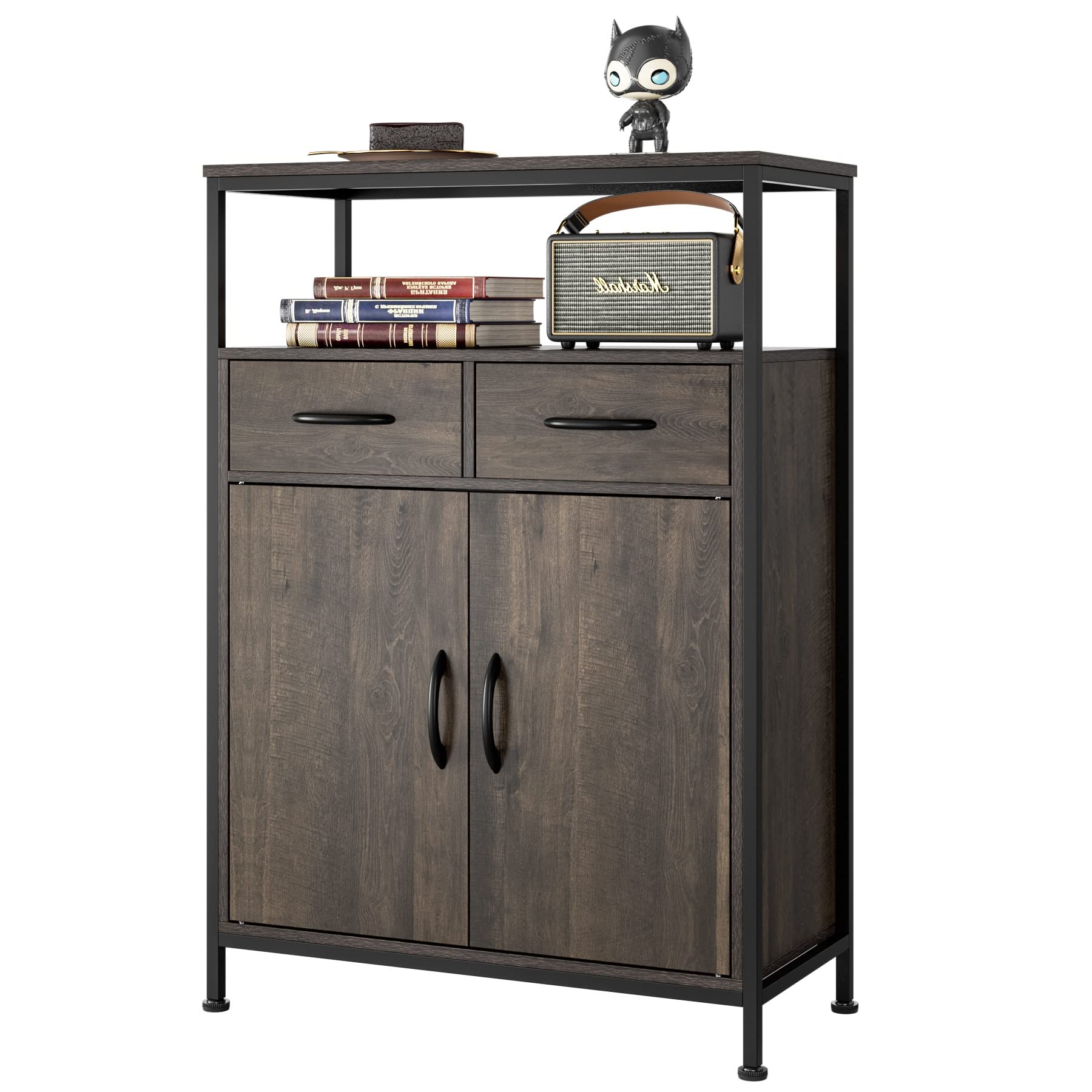 Industrial Storage Cabinet with Doors & Fabric Drawers - Floor Standing Accent Side Cabinet with Open Shelves for Entryway, Living Room, Bedroom - Sturdy Metal Frame in Dark Brown - Perfect for Home Organization & Stylish Storage Solutions