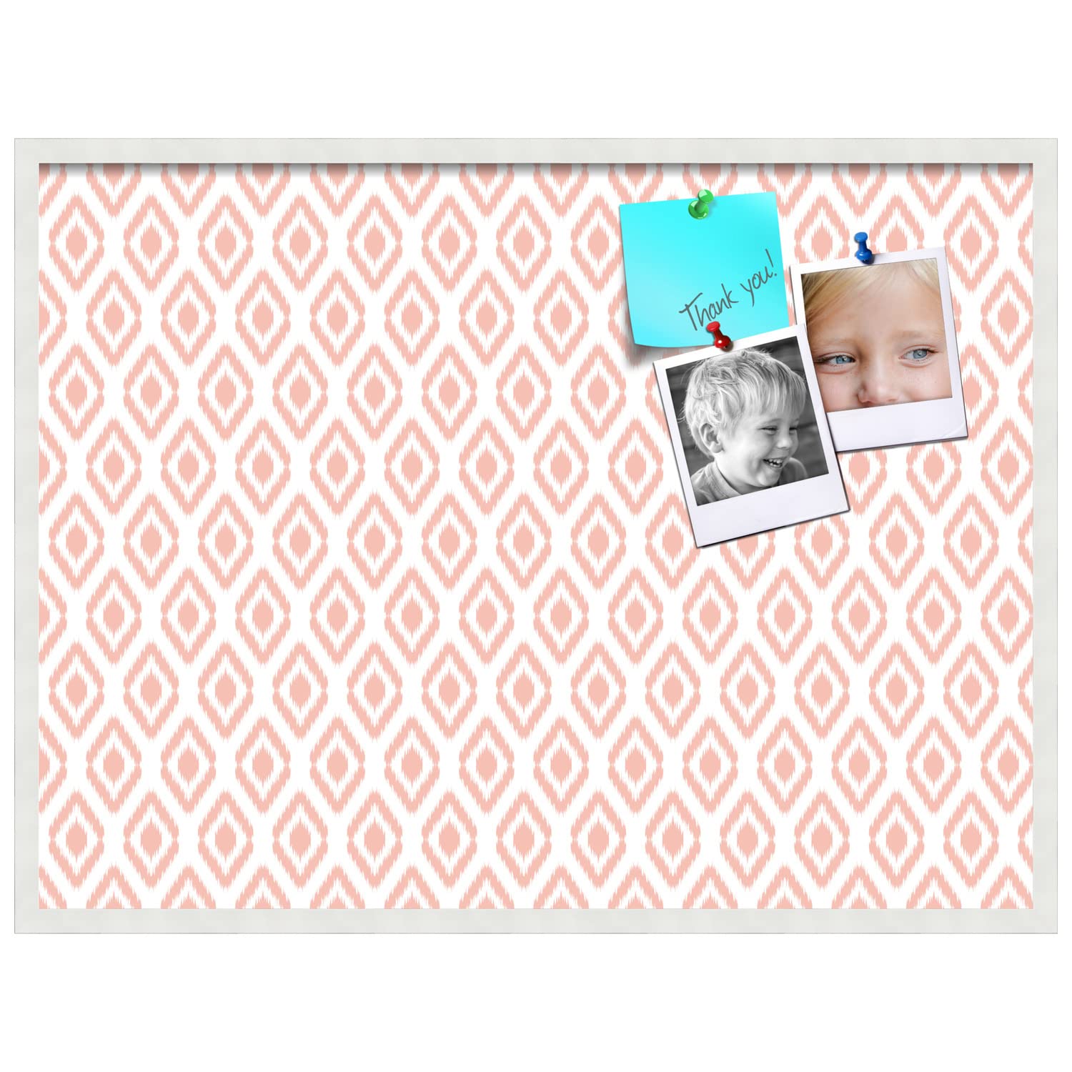 PinPix 40x30 Inch Cork Bulletin Board with Ikat Grapefruit Design & Satin White Frame - Stylish Decorative Pin Board for Home, Office, School - Perfect for Notes, Photos, and Memos Organization