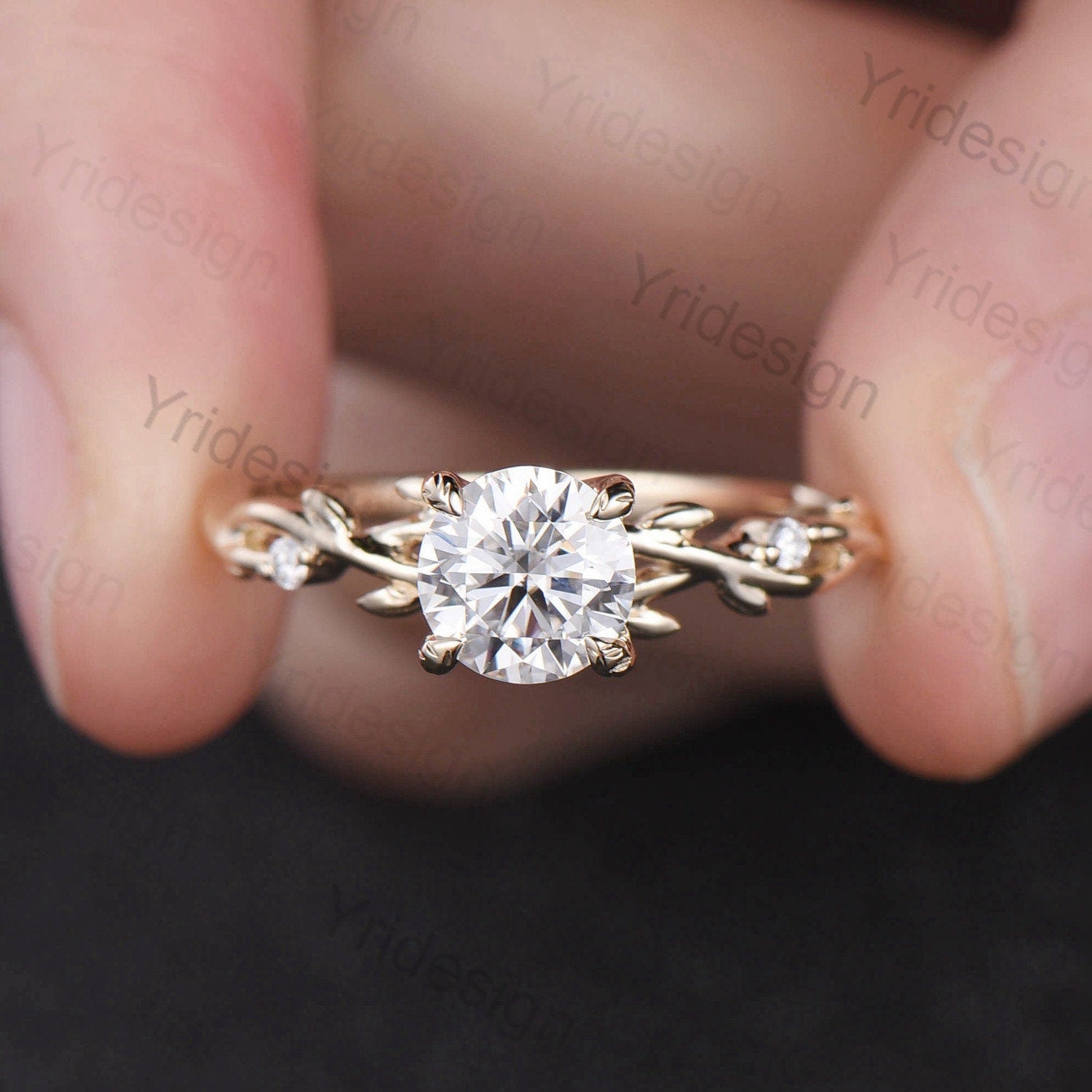 14K Yellow Gold Round Brilliant Moissanite Engagement Ring - Nature Inspired Leaf Branch Design Wedding Band, Unique Twig Promise Ring for Women | Perfect for Proposals, Anniversaries & Romantic Occasions