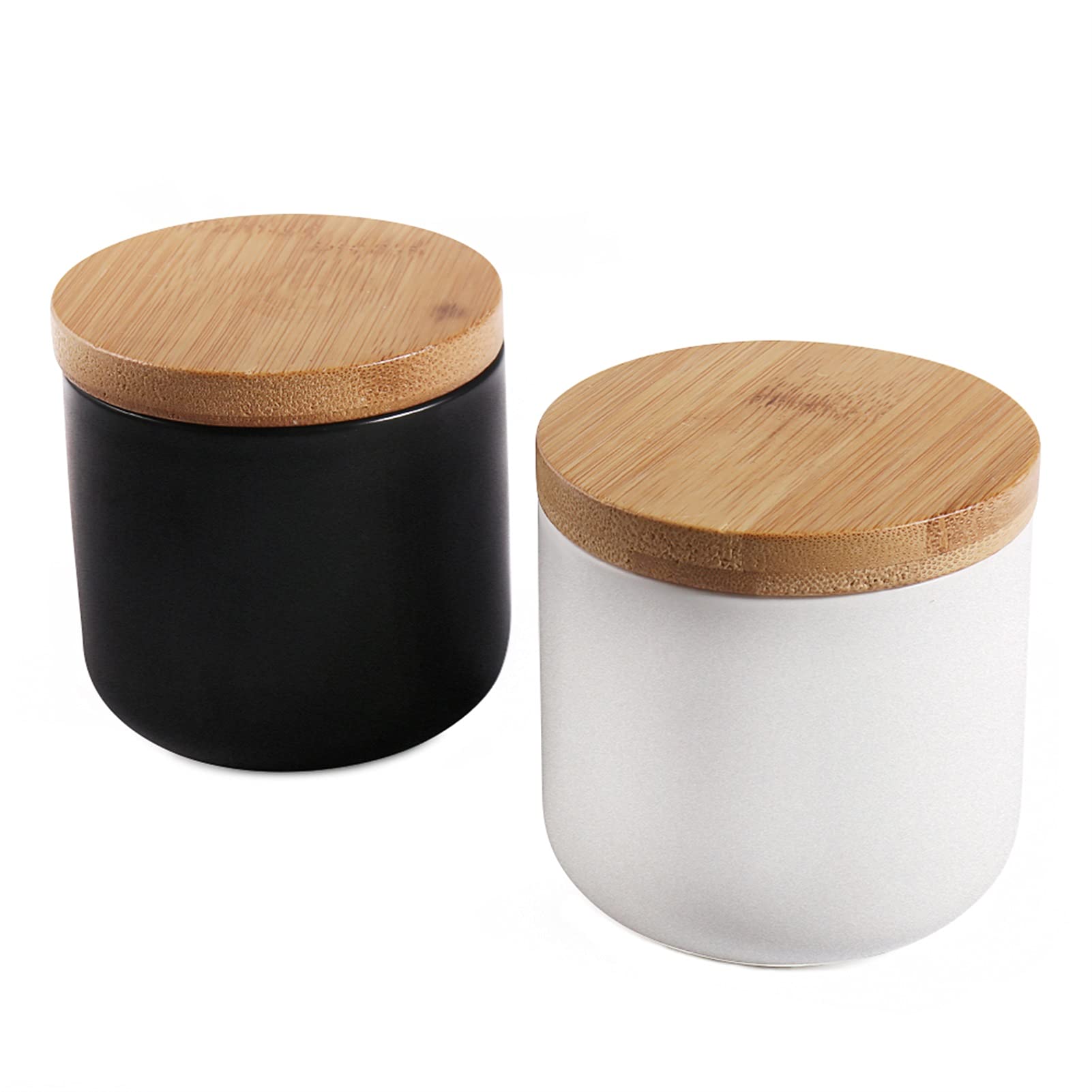 77L Ceramic Food Storage Jar Set of 2 with Wooden Lid & Storage Bag - 6.08 FL OZ (180ML) Airtight Kitchen Canister for Coffee, Tea, Nuts, Spices - Perfect for Pantry Organization & Countertop Display (White & Black)