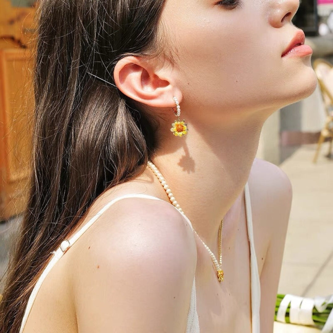 Dainty Sunflower C Hoop Pearl Dangle Earrings for Women | Elegant Floral Jewelry Gift | HE10509 | Perfect for Summer Outfits, Weddings & Boho Fashion