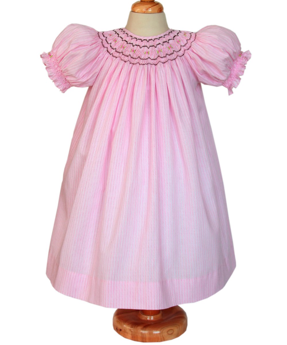 Carouselwear Girls Pink Hand Smocked Bishop Dress with Brown Embroidery - Perfect for Easter, Birthday Parties & Special Occasions