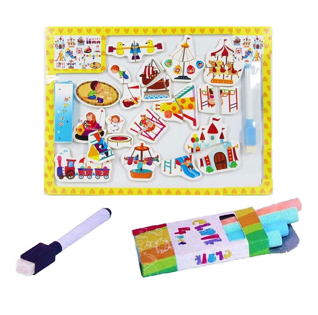 FunBlast Wooden Magnetic Amusement Park Puzzle - Educational STEM Toy for Kids Ages 3-8, Jigsaw Drawing Board with Chalk & Marker - Perfect for Preschool Learning, Birthday Gifts & Family Game Night