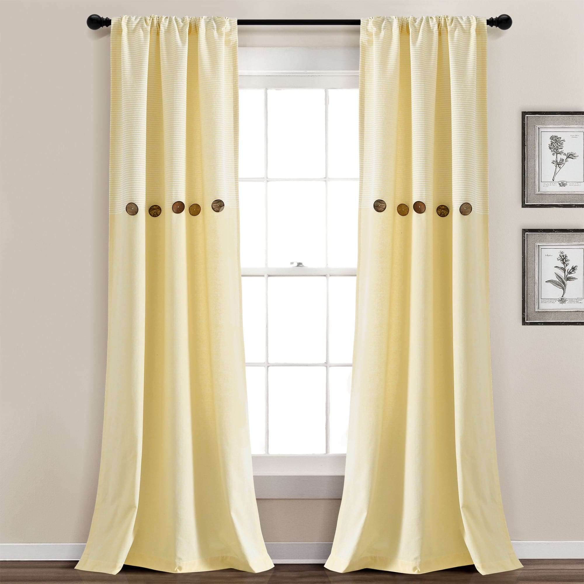 Farmhouse Style Button Stripe Yarn Dyed Woven Cotton Blend Curtain Panel Set - Light Filtering Window Treatments for Living Room, Bedroom & Dining Room