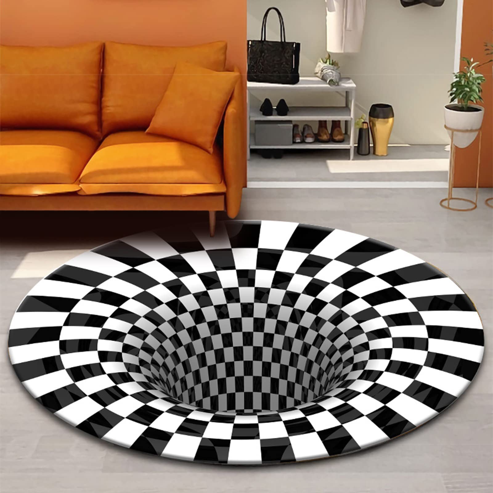 3D Optical Illusion Rug - Black & White Checkered Vortex Design, Non-Slip Round Carpet for Living Room, Bedroom & Kitchen (31 inch) - Perfect for Psychedelic Decor, Trippy Home Aesthetics & Unique Floor Statement