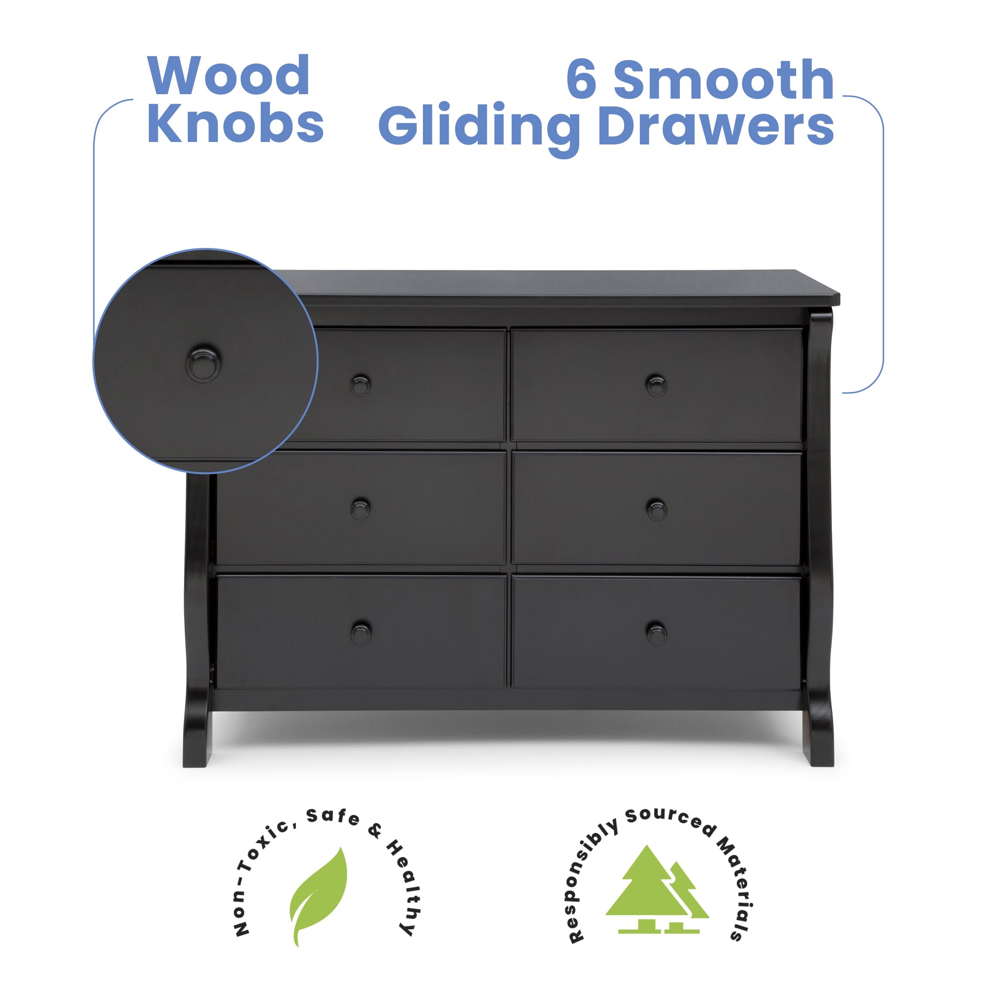 Delta Children Universal 6 Drawer Dresser with Interlocking Drawers - Sturdy Kids Dresser for Bedroom, Nursery & Playroom - Ebony Black Finish for Modern Home Decor
