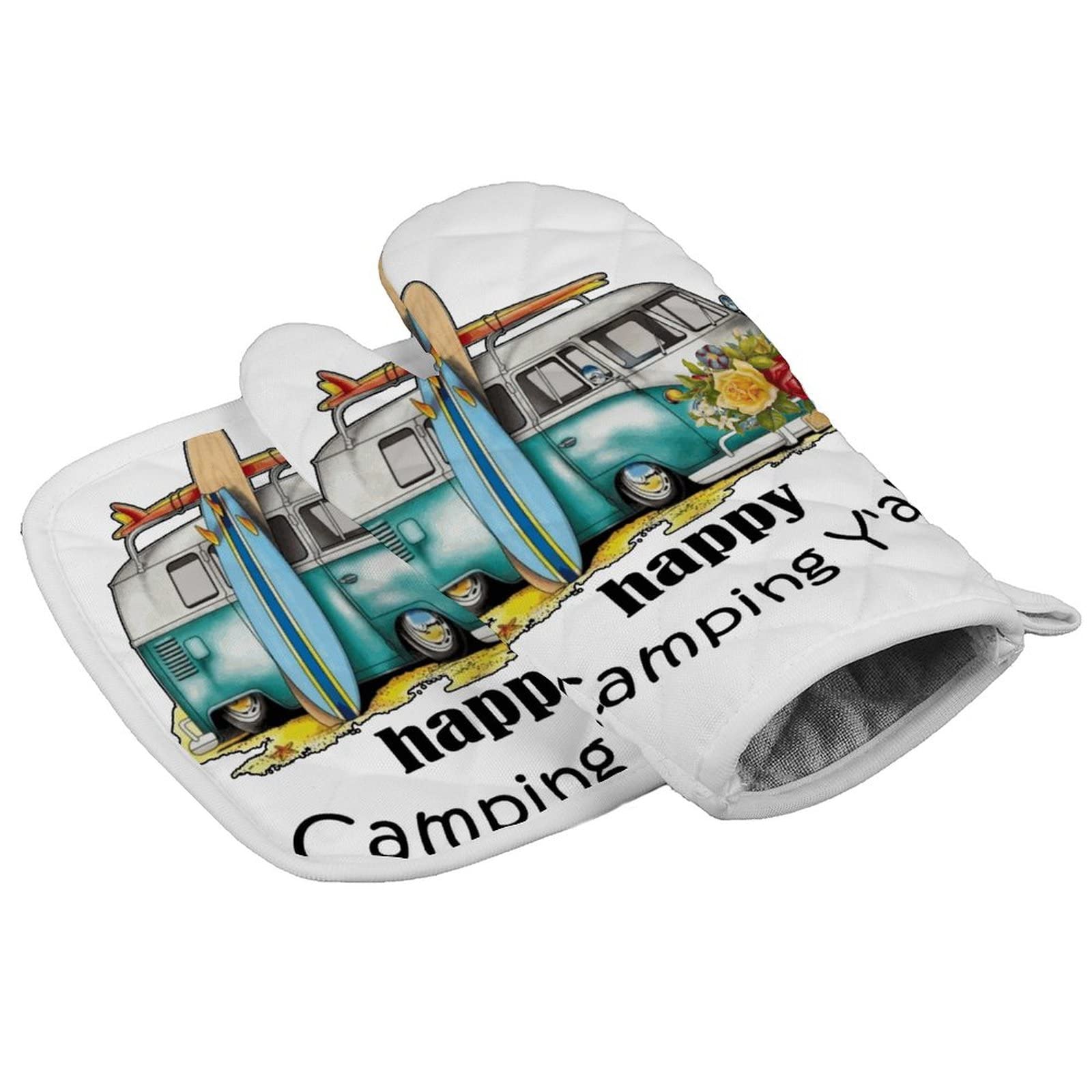 Happy Glamper Caravan Camping Oven Mitts - Non-Slip Heat Resistant Pot Holders Set, Washable Kitchen Gloves for BBQ, Baking, Grilling & Microwave - Perfect for Outdoor Camping, RV Trips & Christmas Gifts