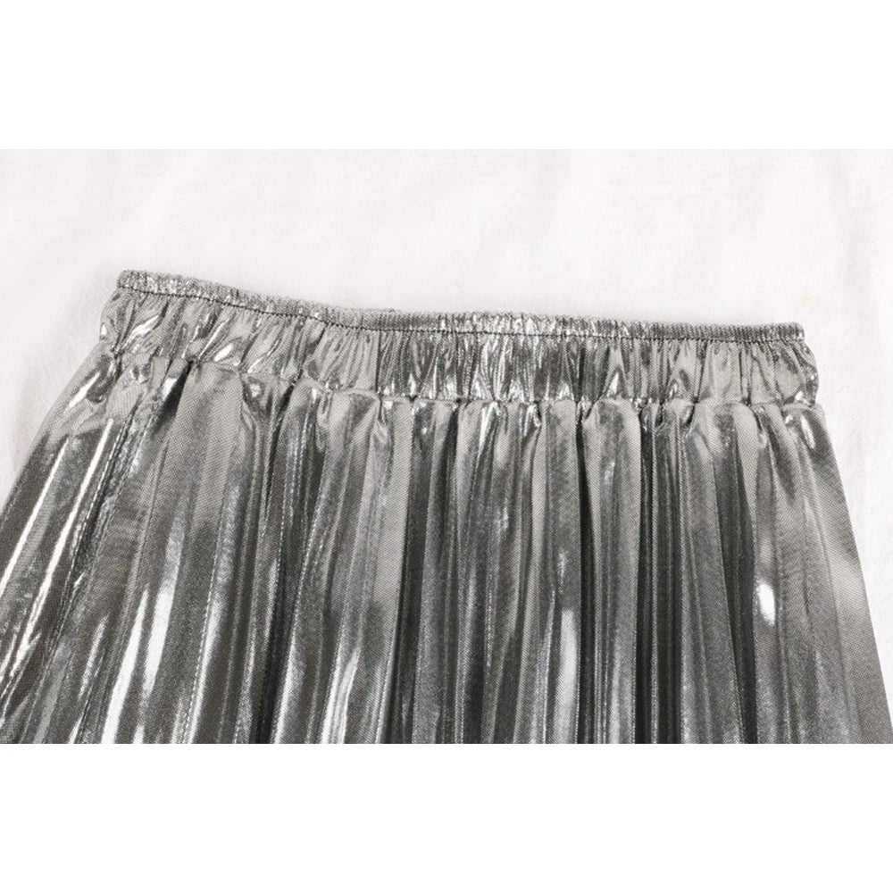 Elegant High Waist Pleated Midi Skirt for Women - Black, Silver & Gold Solid Colors | Perfect for Office, Party & Casual Wear