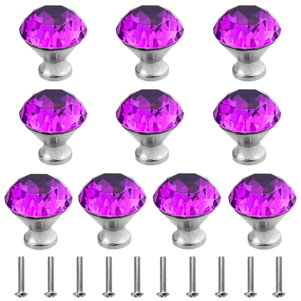 10 PCS Crystal Glass Cabinet Knobs 30mm Diamond Shape - Purple Drawer Pull Handles with Screws for Kitchen, Dresser, Cupboard & Cabinets | Elegant Home Decor Upgrade for Bedroom, Bathroom & Office Furniture