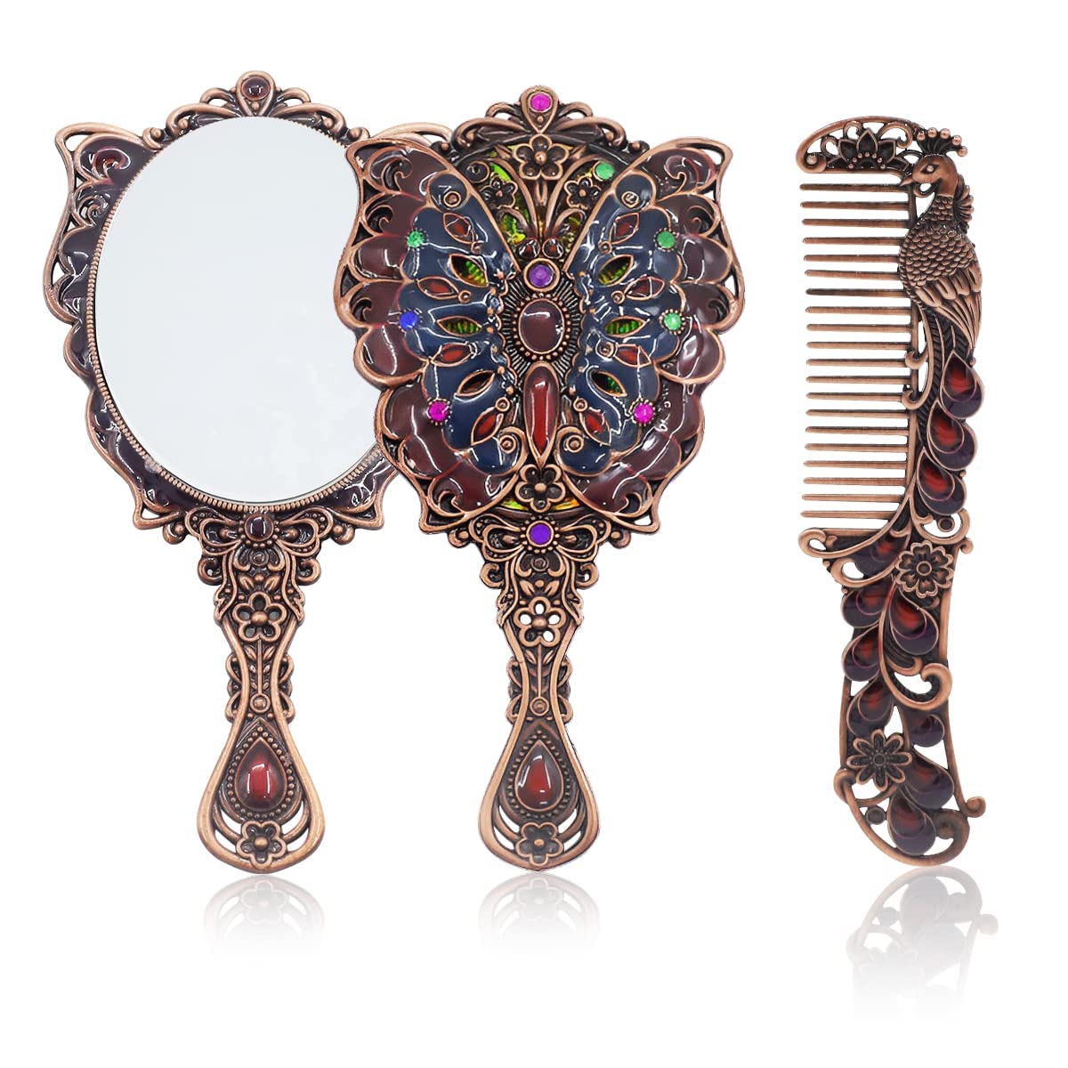 Vintage Butterfly Design VR Creatives Makeup Mirror with Comb & Hair Brush - Antique Cosmetic Mirror Set for Women & Girls | Travel, Vanity, Bridal, Gift (Random Color)
