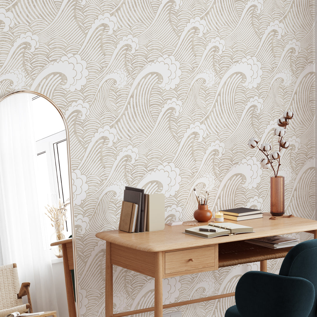 Beige Japanese Waves Wallpaper W003 - Traditional Asian Design Peel & Stick Wall Mural for Living Room, Bedroom, or Office Decor