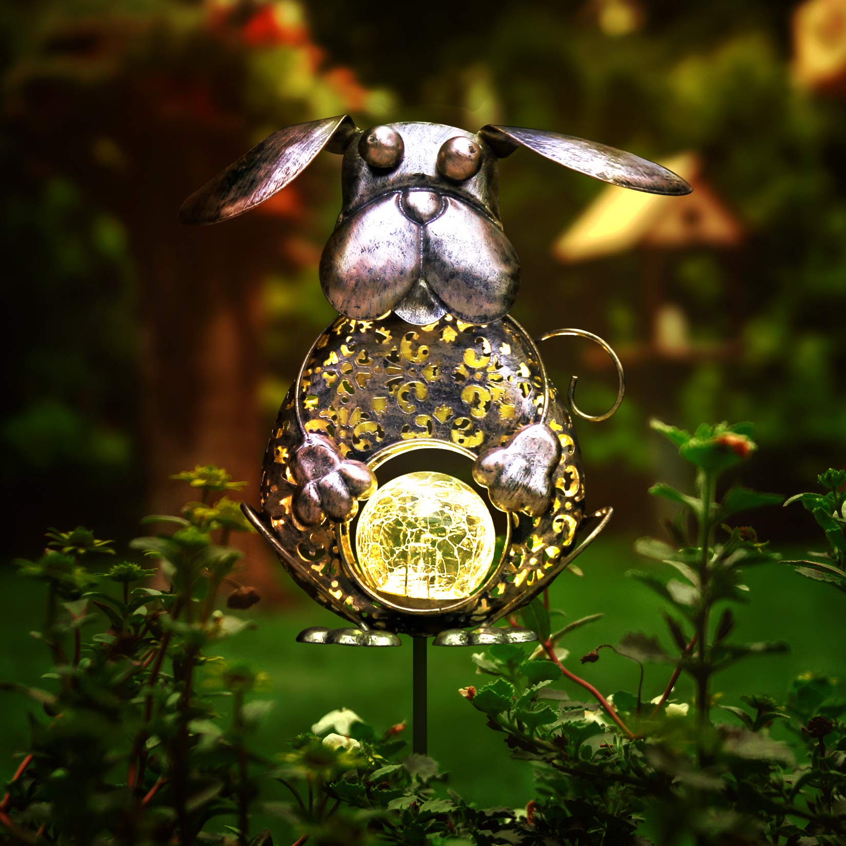 KAIXOXIN Solar Garden Lights - Waterproof Metal Dog Crackle Glass Globe Stake Light, Warm White LED Solar Path Lights for Outdoor Decoration (Dog-Bronze) | Perfect for Walkways, Patios, Lawns & Backyard Landscaping
