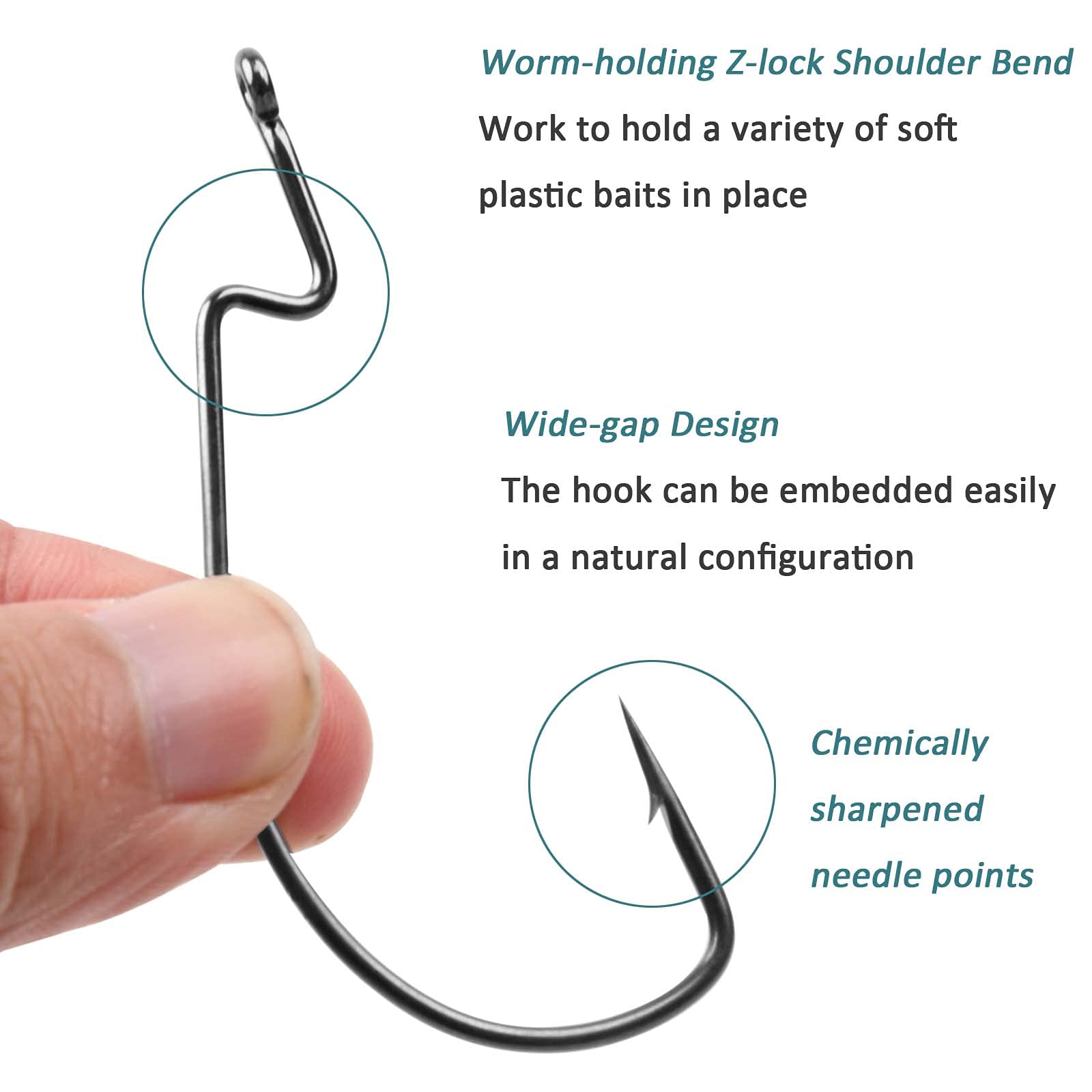 3X Strong Offset Worm Hooks - Wide Gap Barbed Fishing Hooks for Soft Plastic Baits, Bass & Trout - Freshwater & Saltwater Jig Hooks | Ideal for Bass Fishing, Trout Angling, and Saltwater Game Fishing
