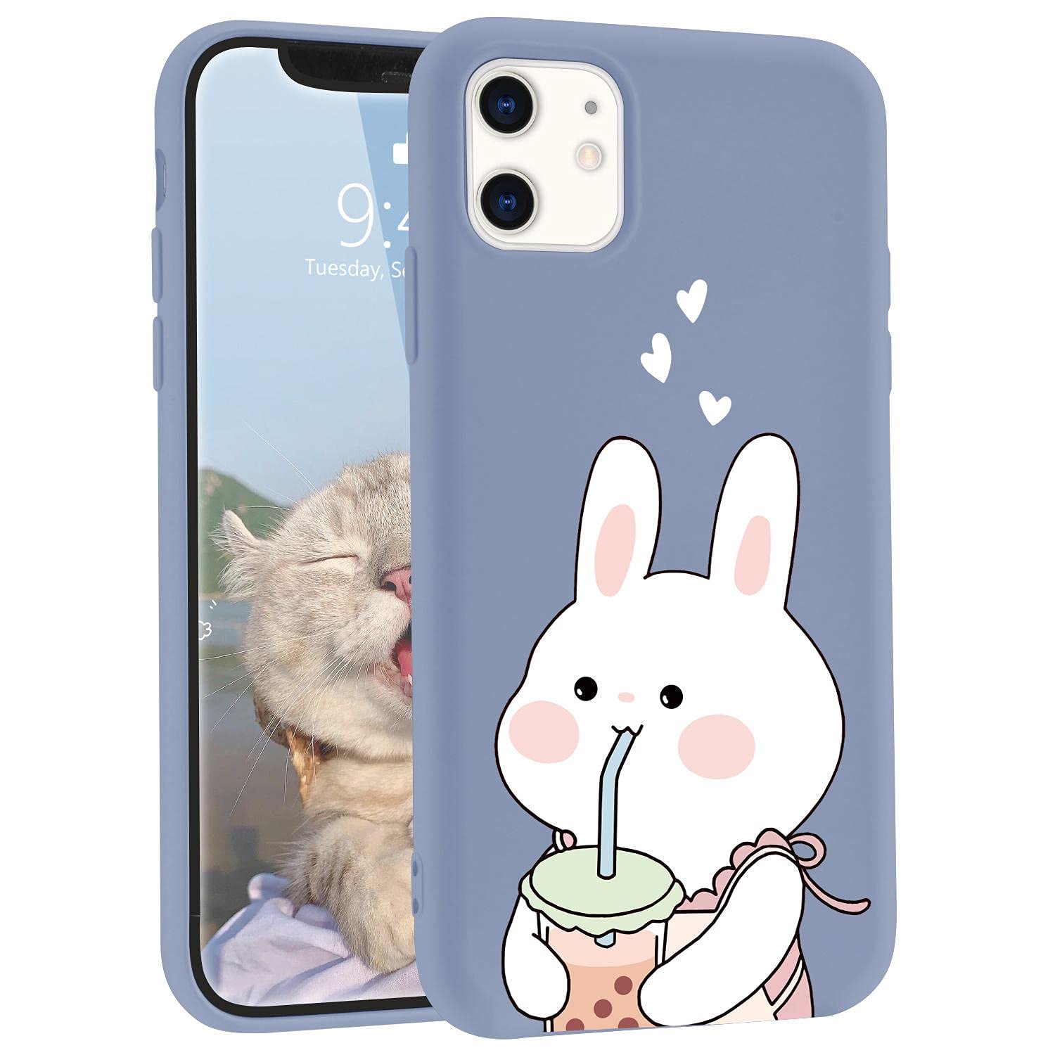 Kawaii Bunny iPhone 13 Case - Pearl Milk Tea Blue Liquid Silicone Soft Gel Rubber Phone Cover for Women & Girls | Cute Protective Case for Everyday Use, School & Work