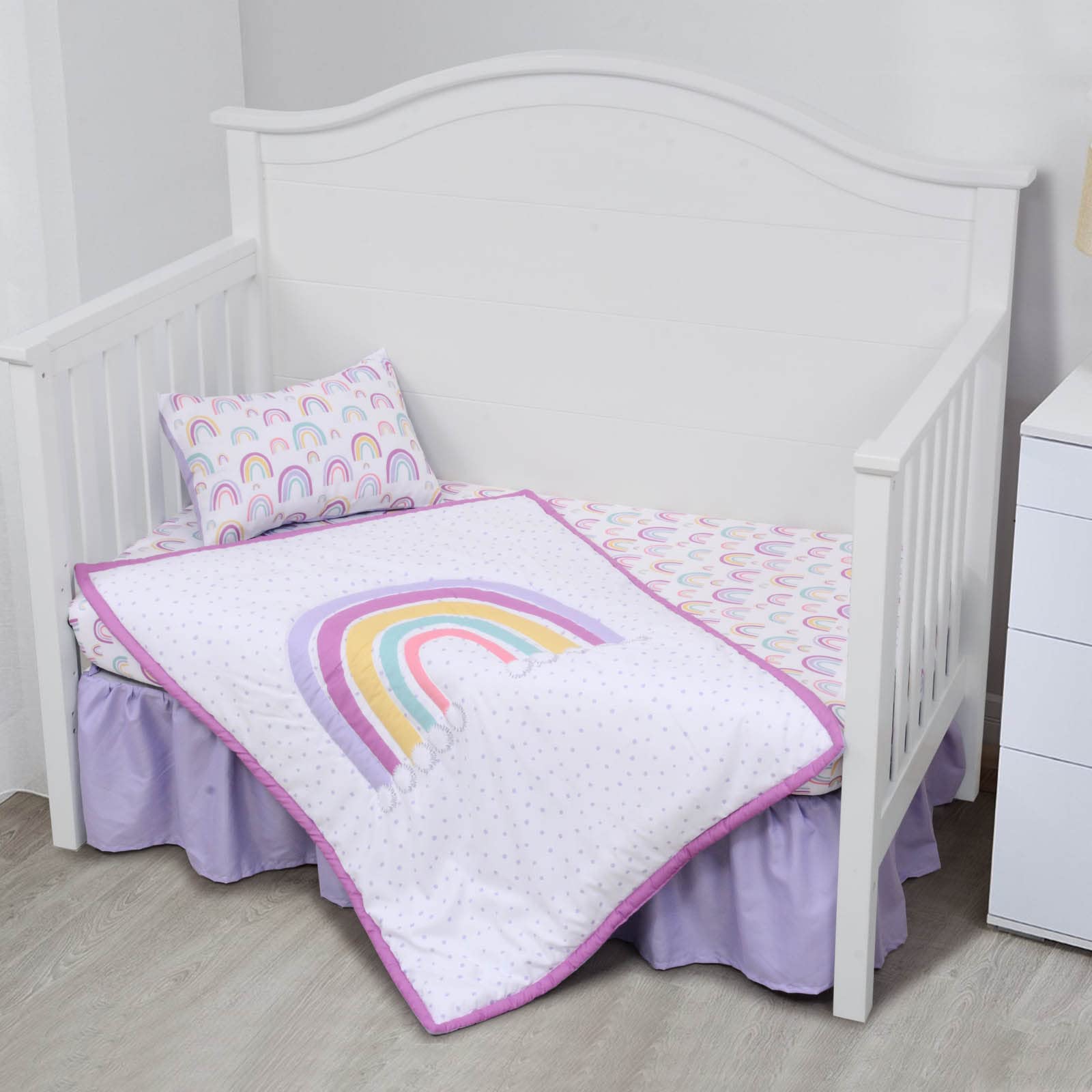 JISEN 4-Piece Baby Crib Bedding Set for Girls & Boys - Soft Nursery Bedding with Quilt, Fitted Sheet, Pillowcase & Crib Skirt - Rainbow Design for Safe & Comfortable Sleep