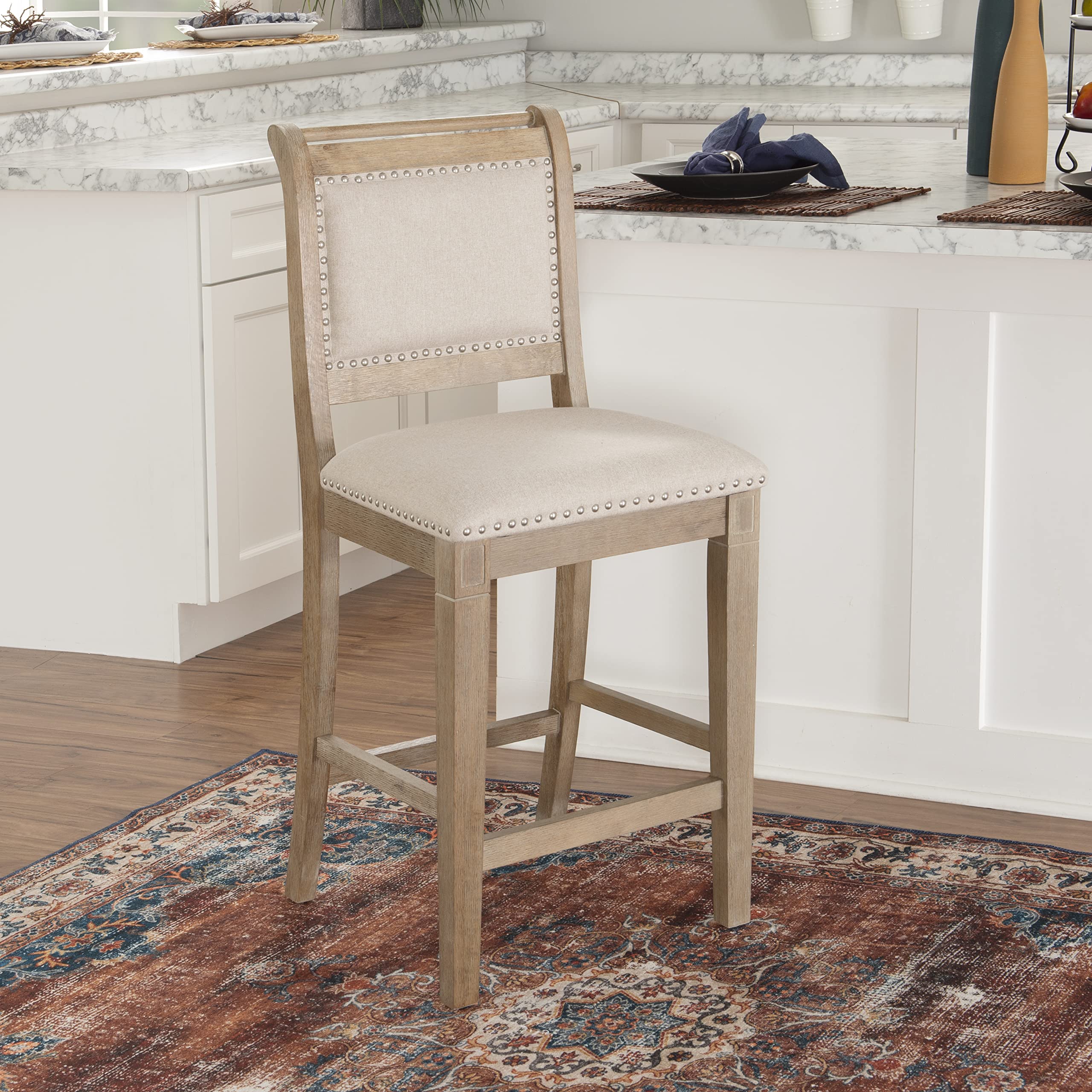 Linon Newton Natural Wood Counter Stool - Grey Wash Finish for Kitchen Island & Bar Seating - Rustic Home Decor & Dining Furniture