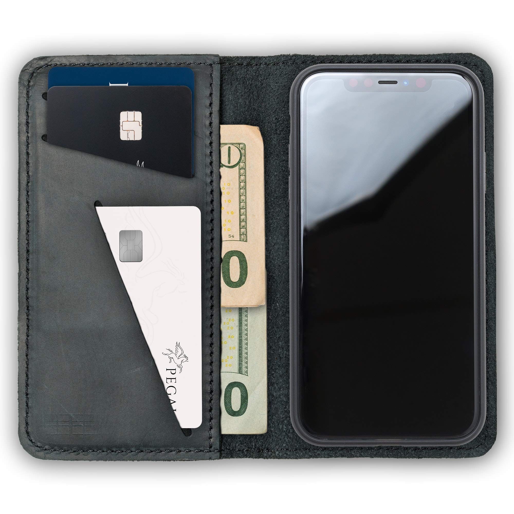 PEGAI Personalized 100% Genuine Leather Wallet Case for iPhone 11 with Card Holder & Screen Protector - Handmade Magnetic Protective Phone Cover | McLean Charcoal | Perfect for Everyday Use, Travel & Business