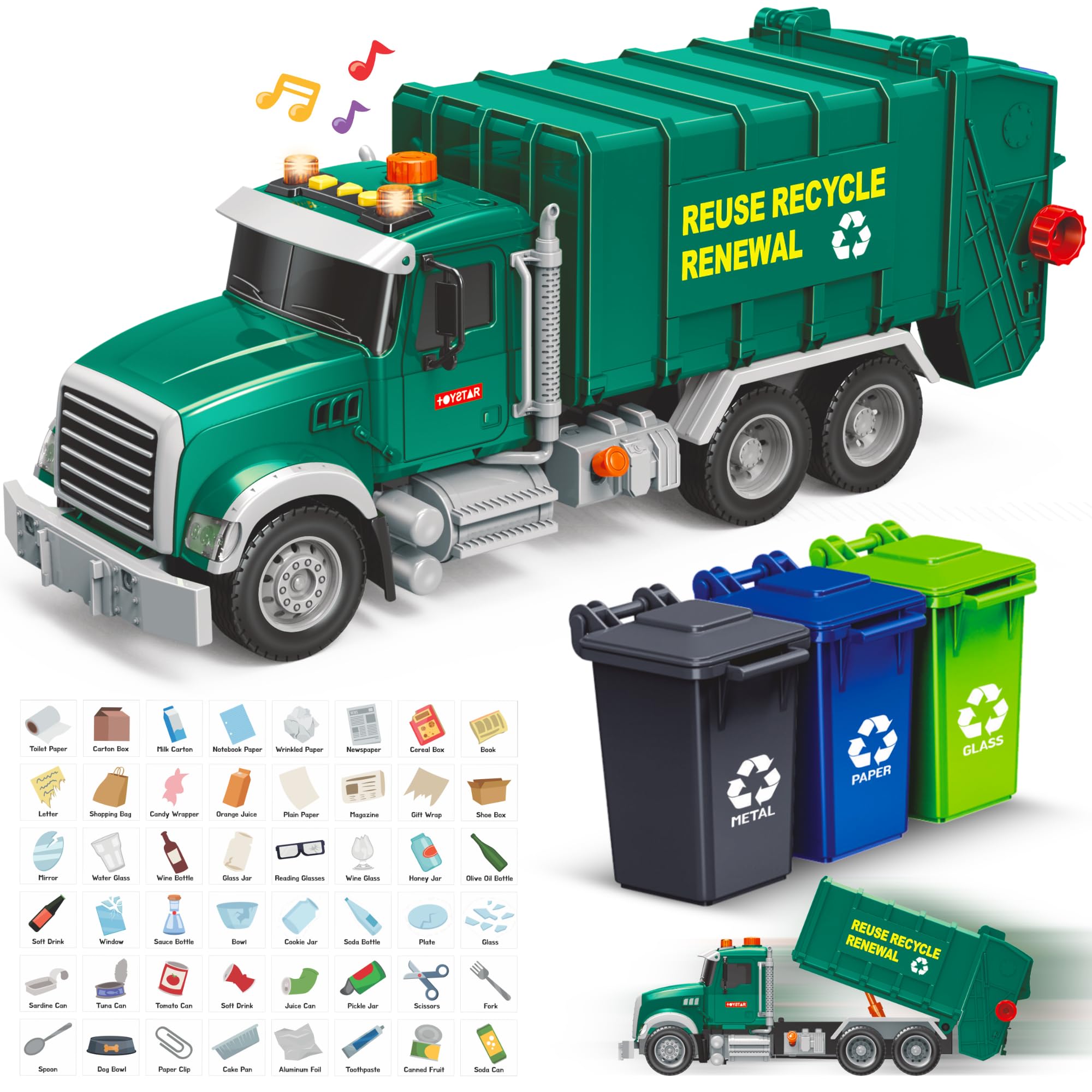 MOBIUS Garbage Truck Toy for Kids – Interactive Recycling Vehicle with 3 Garbage Cans & 48 Educational Flash Cards – Push & Go, Lights & Sounds – Moving Parts Trash Truck for Boys & Girls Ages 3-8 – Perfect for Pretend Play, Learning & Eco-Friendly Role Play
