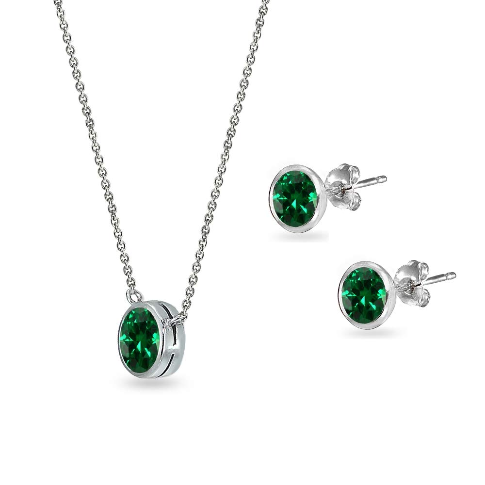 Women's Jewelry Sets - Sterling Silver Birthstone Necklace & Earrings Set with 5mm Round Bezel Pendant | Genuine or Synthetic Gemstones | Perfect Gift for Birthday, Anniversary & Special Occasions