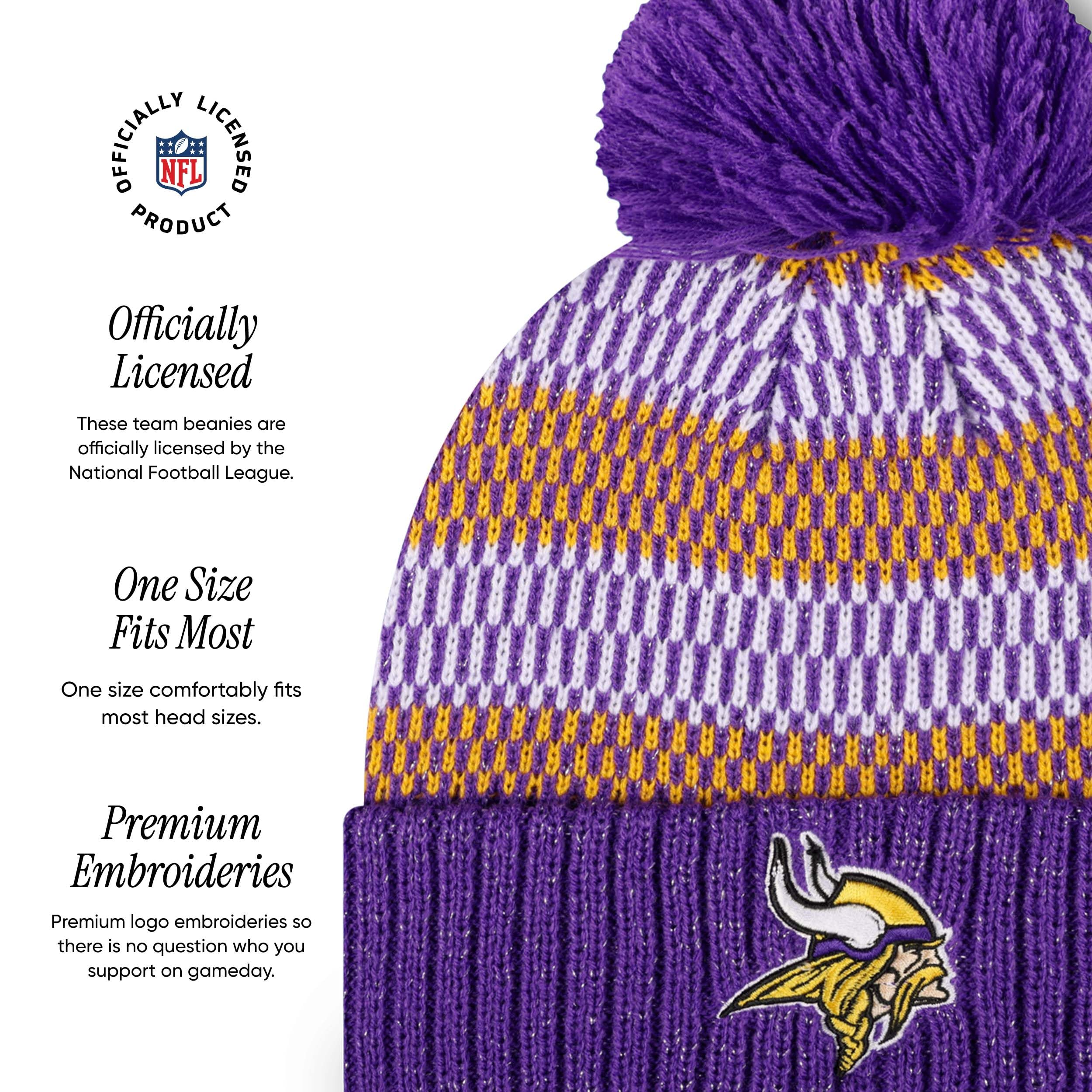 FOCO Women's NFL Team Logo Metallic Knit Pom Beanie Hat - Warm Winter Knit Cap for Football Fans - Perfect for Game Day, Outdoor Activities & Cold Weather Fashion