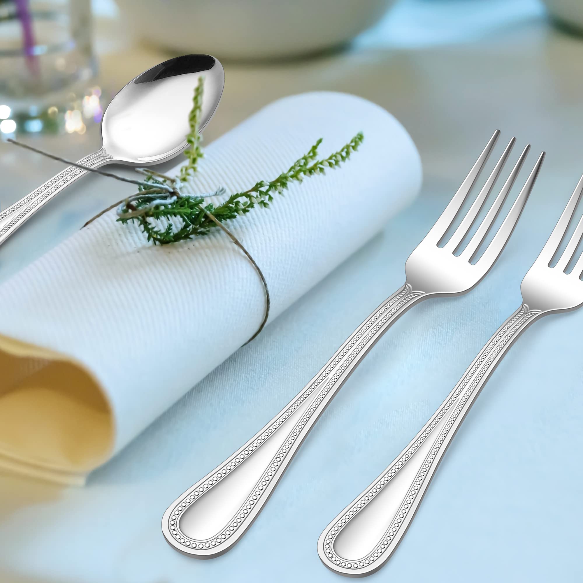 E-far 12-Piece Stainless Steel Salad Forks Set - 6.9 Inch Pearled Edge Dessert Forks for Party, Home, Kitchen & Restaurant - Mirror Polished, Non-Toxic, Dishwasher Safe - Perfect for Dinner Parties, Buffets, and Formal Dining