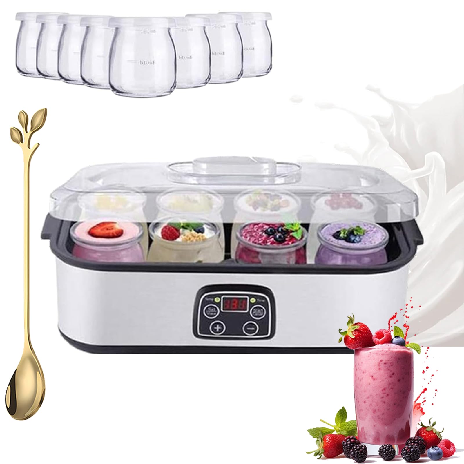 Automatic Yogurt Maker Machine with 8 Glass Jars - 1400ml Stainless Steel Probiotic Yogurt Maker with Digital Timer & Temperature Control - Perfect for Homemade Greek Yogurt, Dairy-Free & Vegan Yogurt - Ideal for Healthy Breakfast, Snacks & Meal Prep