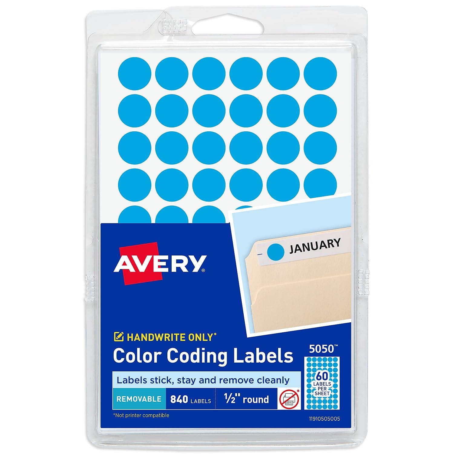 Avery 05050 Removable Round Color-Coding Labels - 1/2 Inch Diameter, Light Blue, 840 Labels per Pack - Perfect for Organizing Files, Storage Boxes & School Supplies