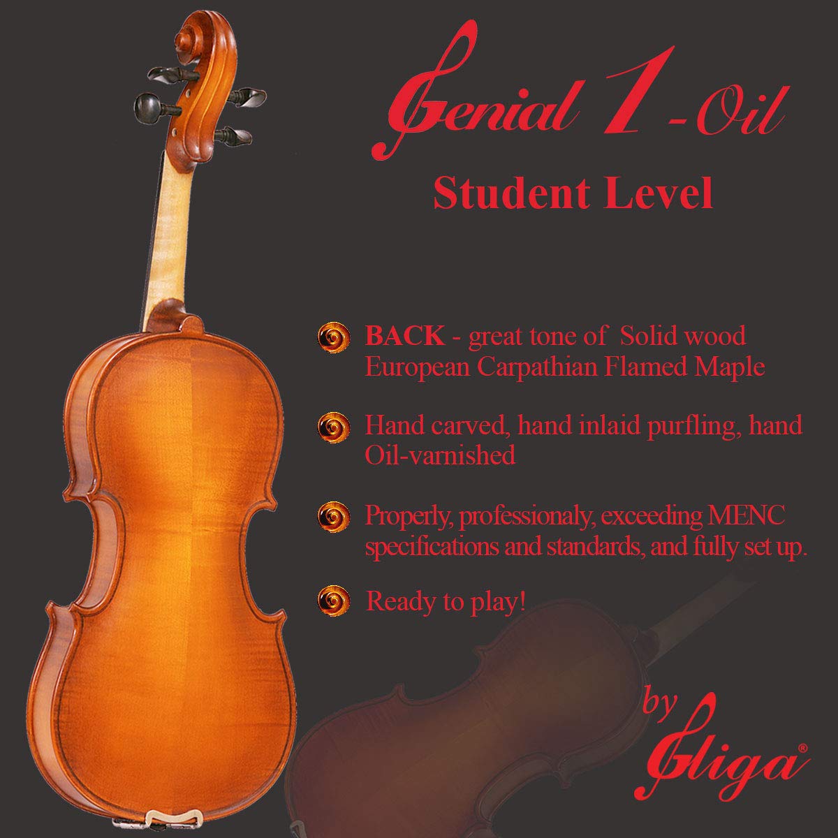 Gliga Genial 1-Oil 4/4 Full Size Beginner Violin - Handmade in Romania with European Solid Wood, Hand Carved, Varnished & Purfling - Perfect for Student Practice, School Orchestra & Classical Music Learning