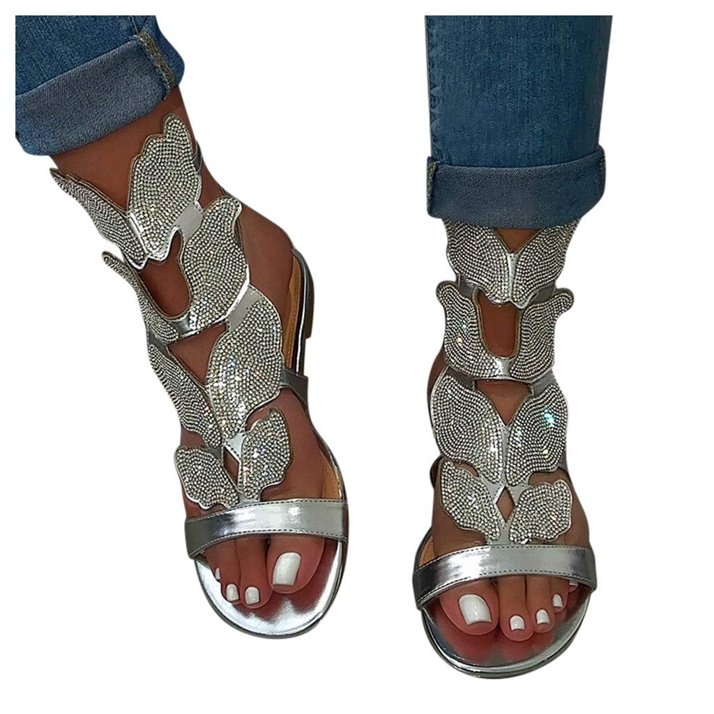 Women's Fashion Glitter Crystal Open Toe Sandals with Rhinestones & Metallic Chain Ankle Strap - Casual Flat Low Heel Dressy Sandals for Wedding, Banquet, Party & Beach Outfits