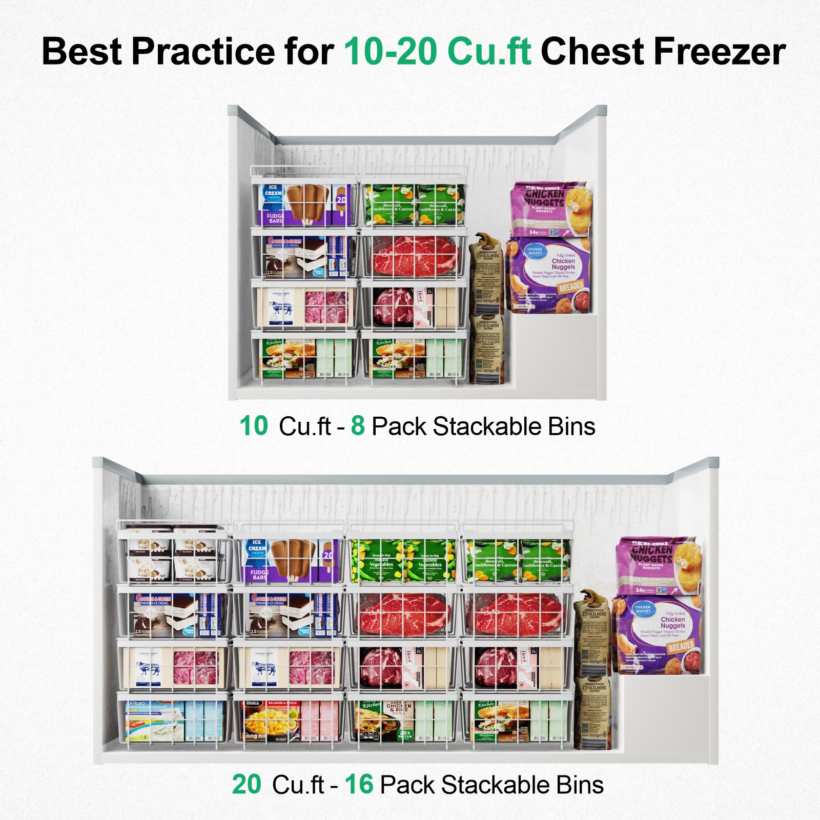 iSPECLE 7-Pack Large Expandable Stackable Freezer Organizer Bins for 10-20 Cu.Ft Chest Freezers - White | Deep Freezer Storage Containers for Frozen Food Organization | Easy Access & Better Ventilation | Perfect for Home Kitchens, Garages & Restaurants
