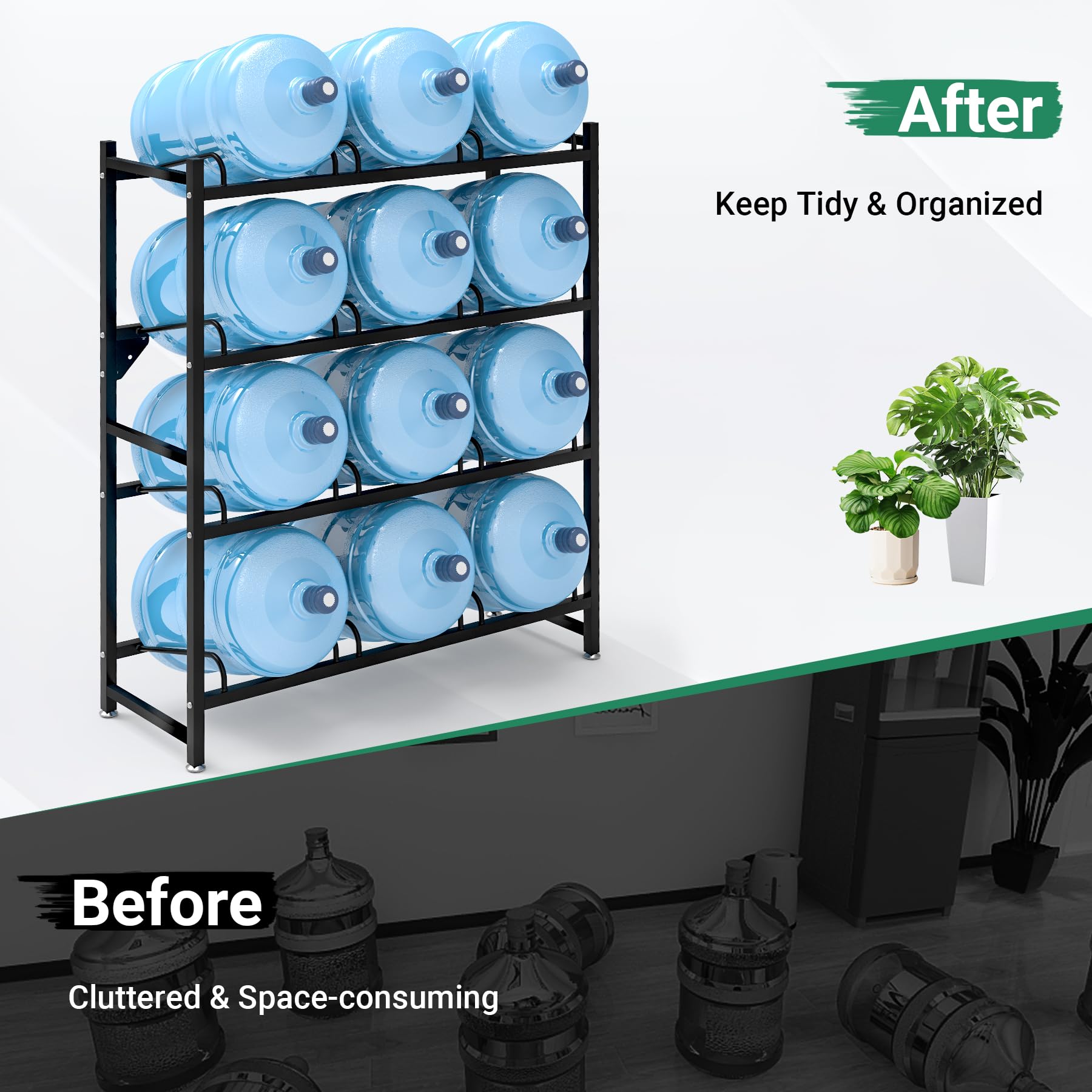 12-Tray 5 Gallon Water Jug Holder Heavy Duty Wall Mount Rack - 4-Tier Powder Coated Steel Water Bottle Storage Organizer (Black, 13