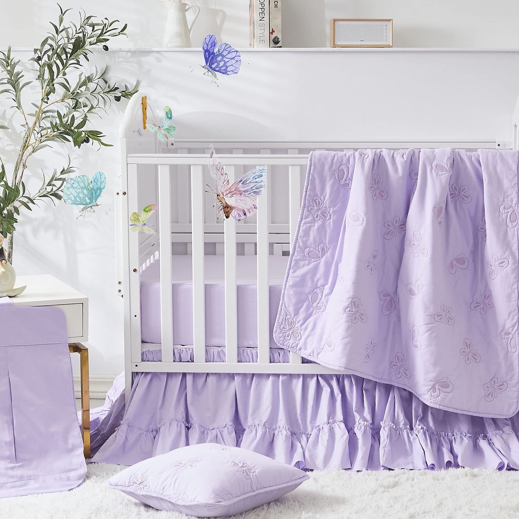 Brandream 3-Piece Purple Butterfly Baby Crib Bedding Set for Girls - Soft Embroidered Quilt, Fitted Sheet & Dust Ruffle | Nursery Decor, Newborn Gift, Toddler Bedding Essentials