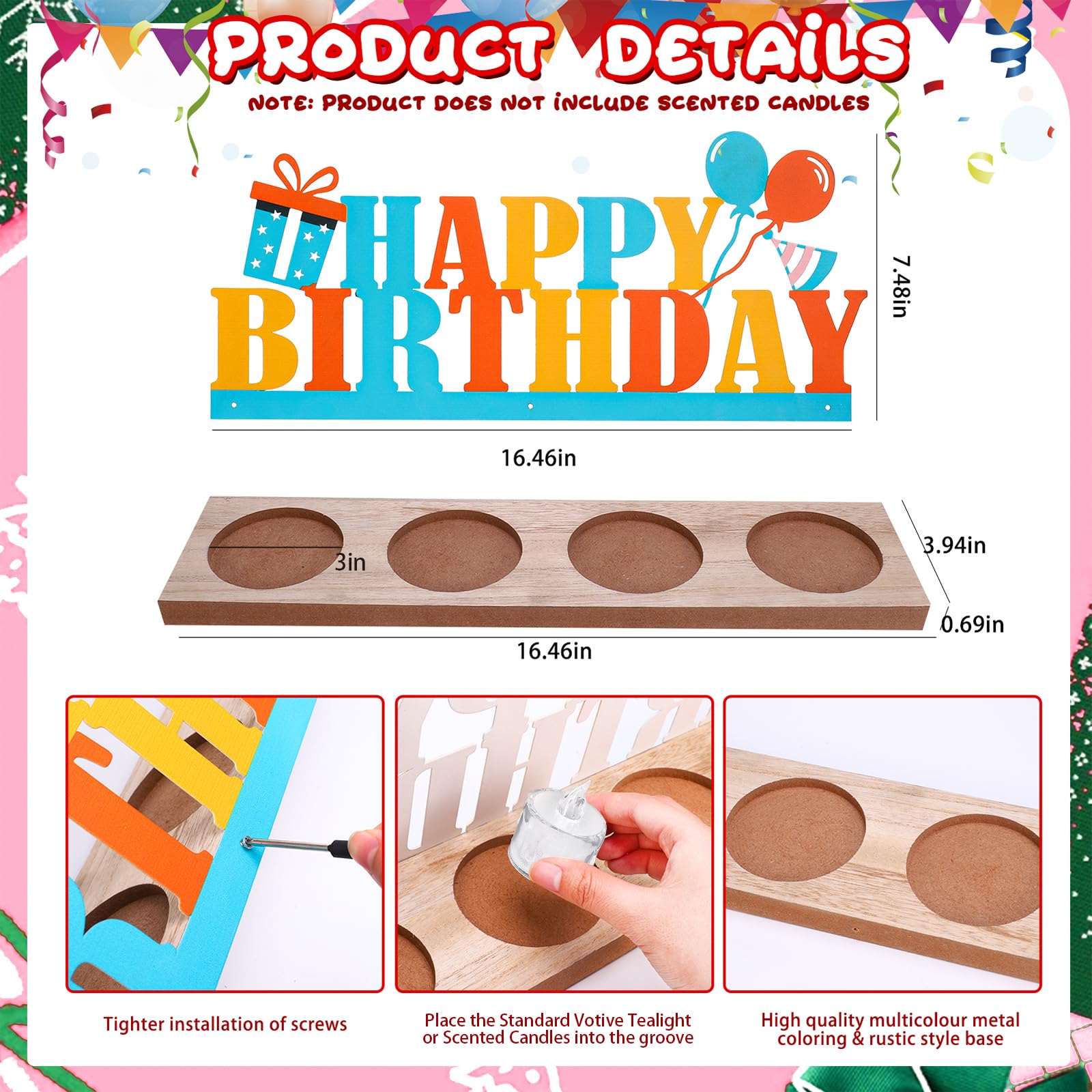 Happy Birthday Candle Holder Set - Tealight Votive Candle Holders with Metal Sign & Wooden Base Tray - Elegant Table Decor for Birthday Parties, Home Decor, Indoor Shelves - Perfect for Celebrations, Dinner Parties & Gift Giving