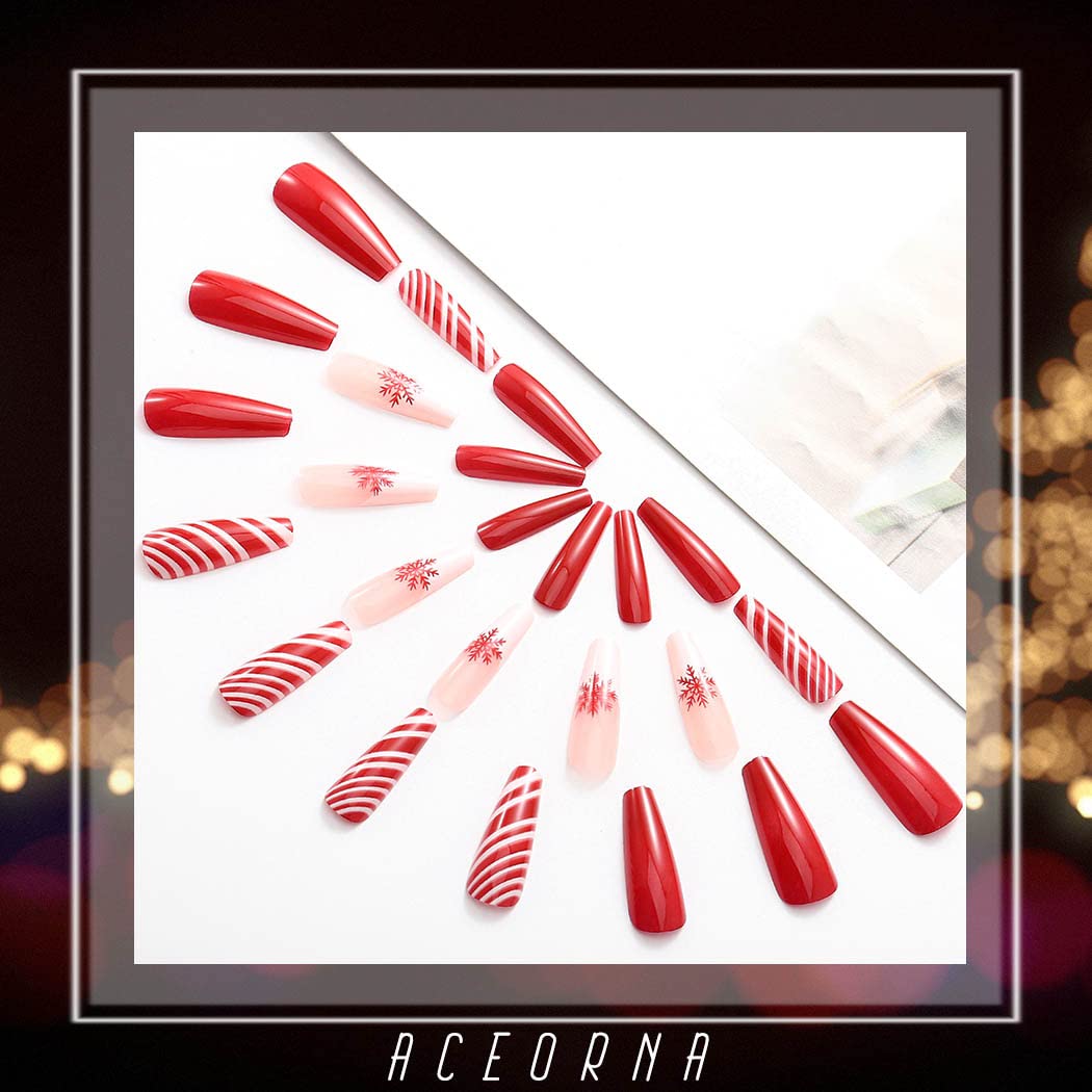 24PCS Red Long Press on Nails - Glossy Christmas Fake Nails with Black Coffin Snowflake Design, Full Cover Acrylic False Nails for Women & Girls | Perfect for Holiday Parties, Gift Giving & Winter Nail Art (Type A)
