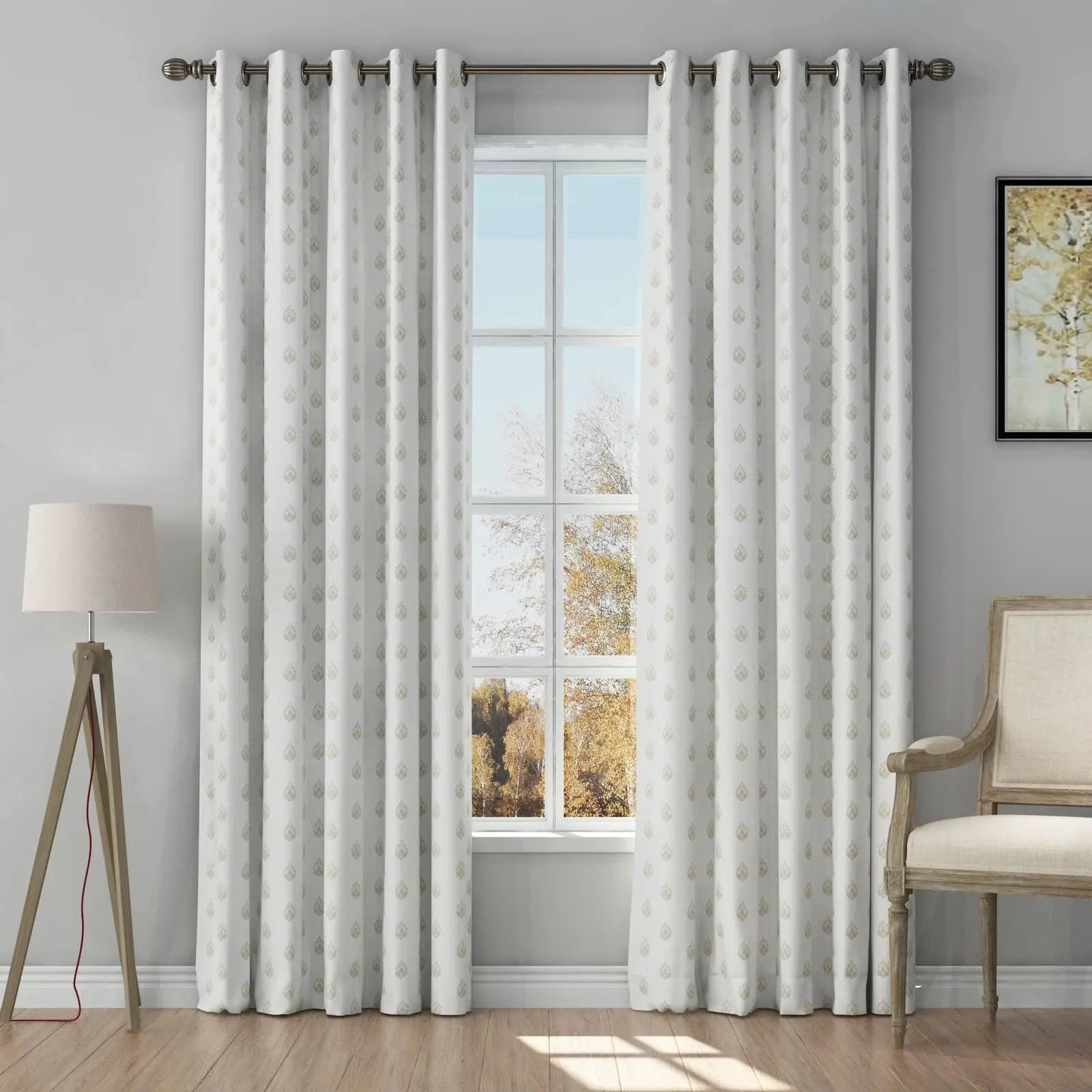 Stefana Silver Print Linen Curtains with Grommet Top - Elegant Window Drapes for Living Room, Bedroom & Dining Room Decor