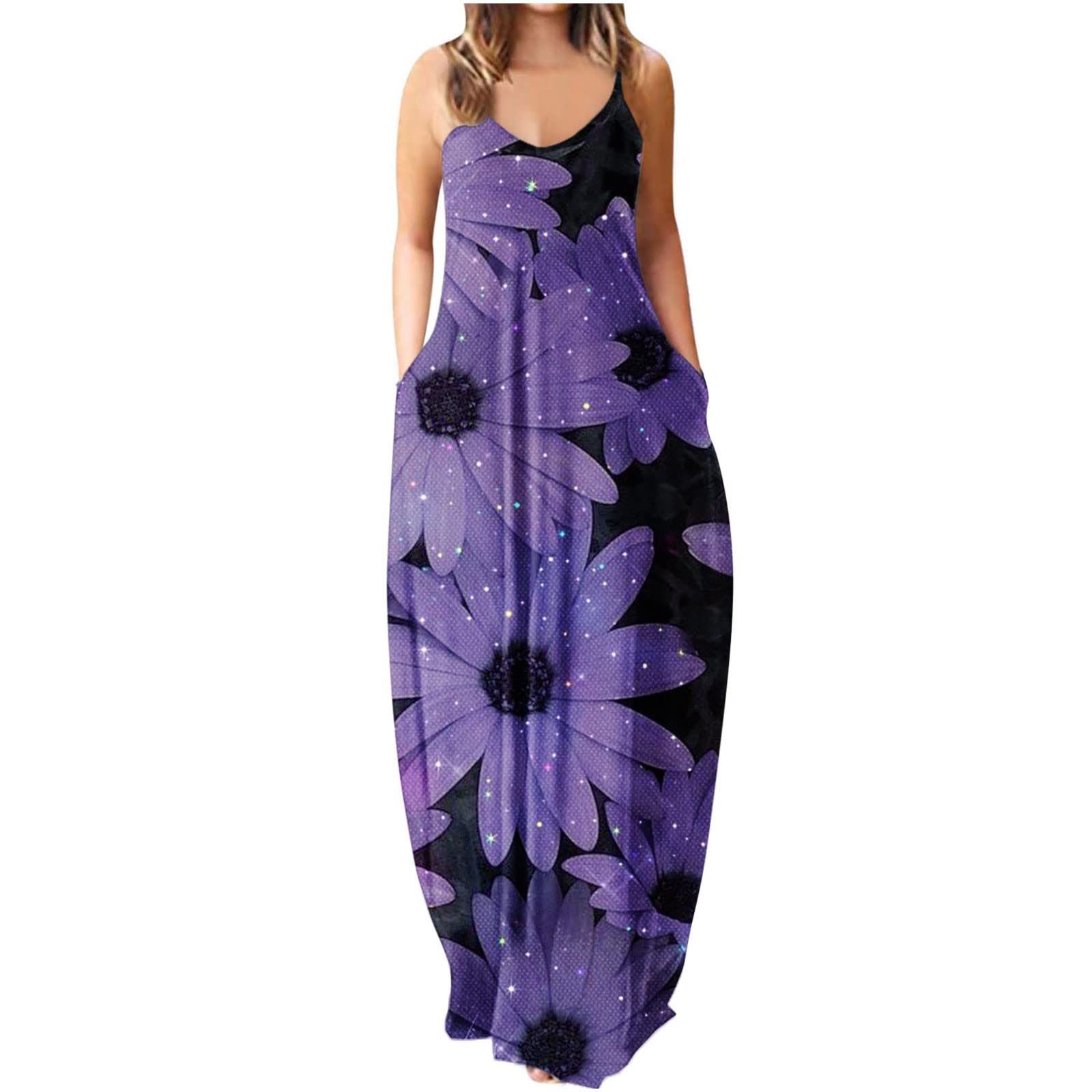 Women's Summer Casual Sleeveless Loose Daisy Print Maxi Dress with Pockets - Spaghetti Strap Beach Sun Dress for Vacation, Outdoor Parties & Boho Style Outfits