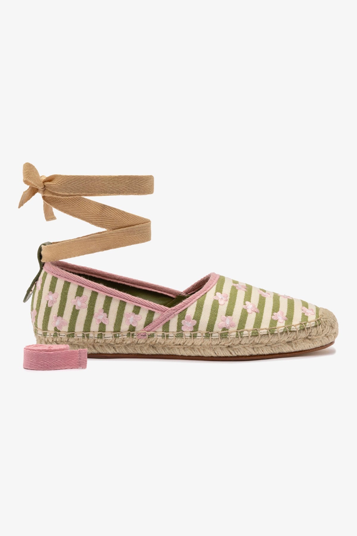 Letizia Women's Espadrille Flats - Seaweed & Natural Striped Fabric with Daisy Embroidery | Comfortable Summer Shoes for Beach, Vacation & Casual Outings