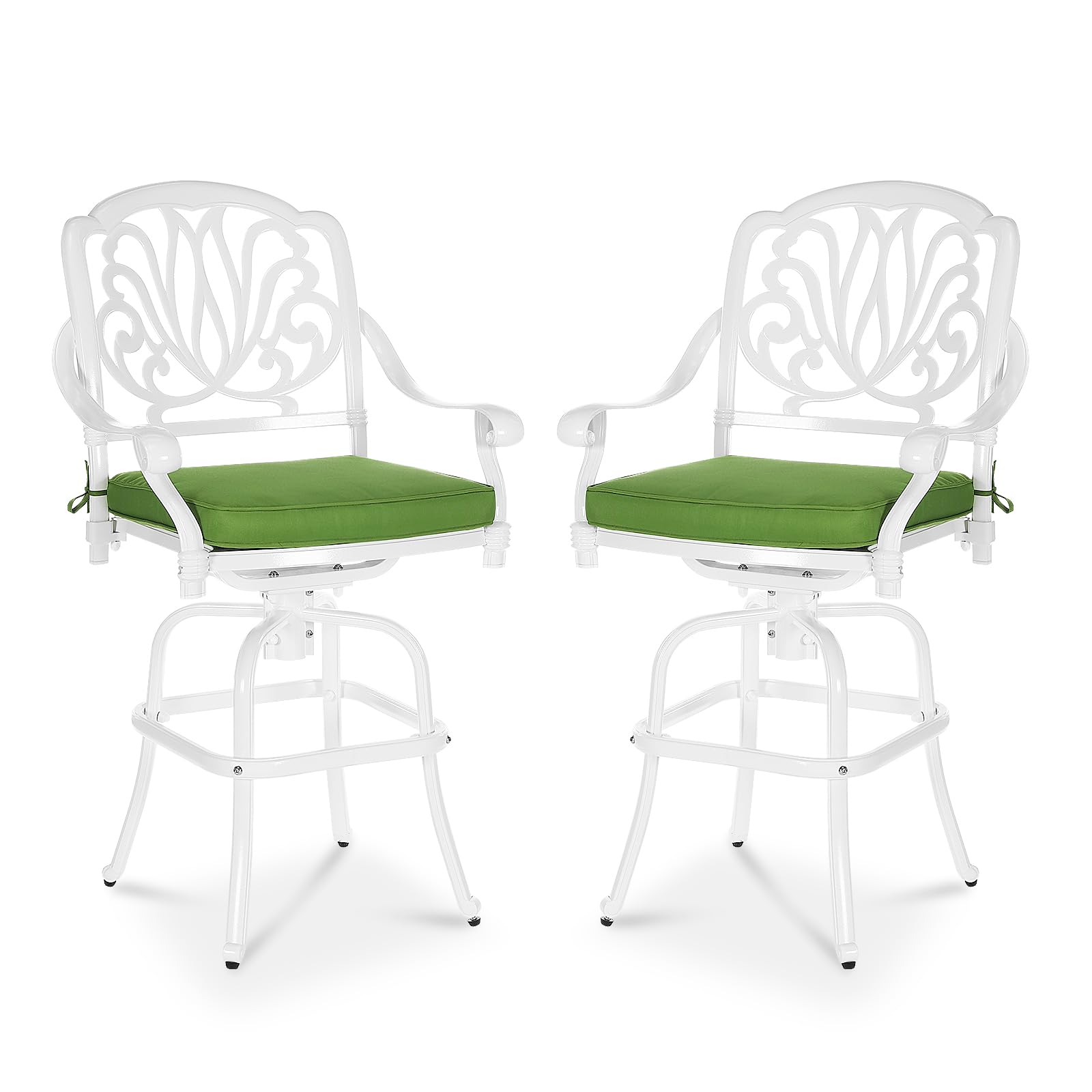 MEETWARM 2-Piece Outdoor Patio Swivel Bar Stools Set - All-Weather Cast Aluminum Bar Height Chairs with Cushions - White Bistro Dining Furniture for Garden, Deck, Backyard & Poolside Relaxation