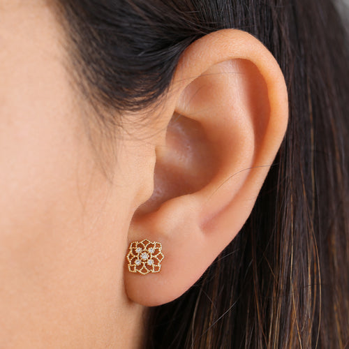 14K Solid Yellow Gold Woven Web Stud Earrings with Clear Round Cubic Zirconia - Perfect for Everyday Wear, Parties & Special Occasions