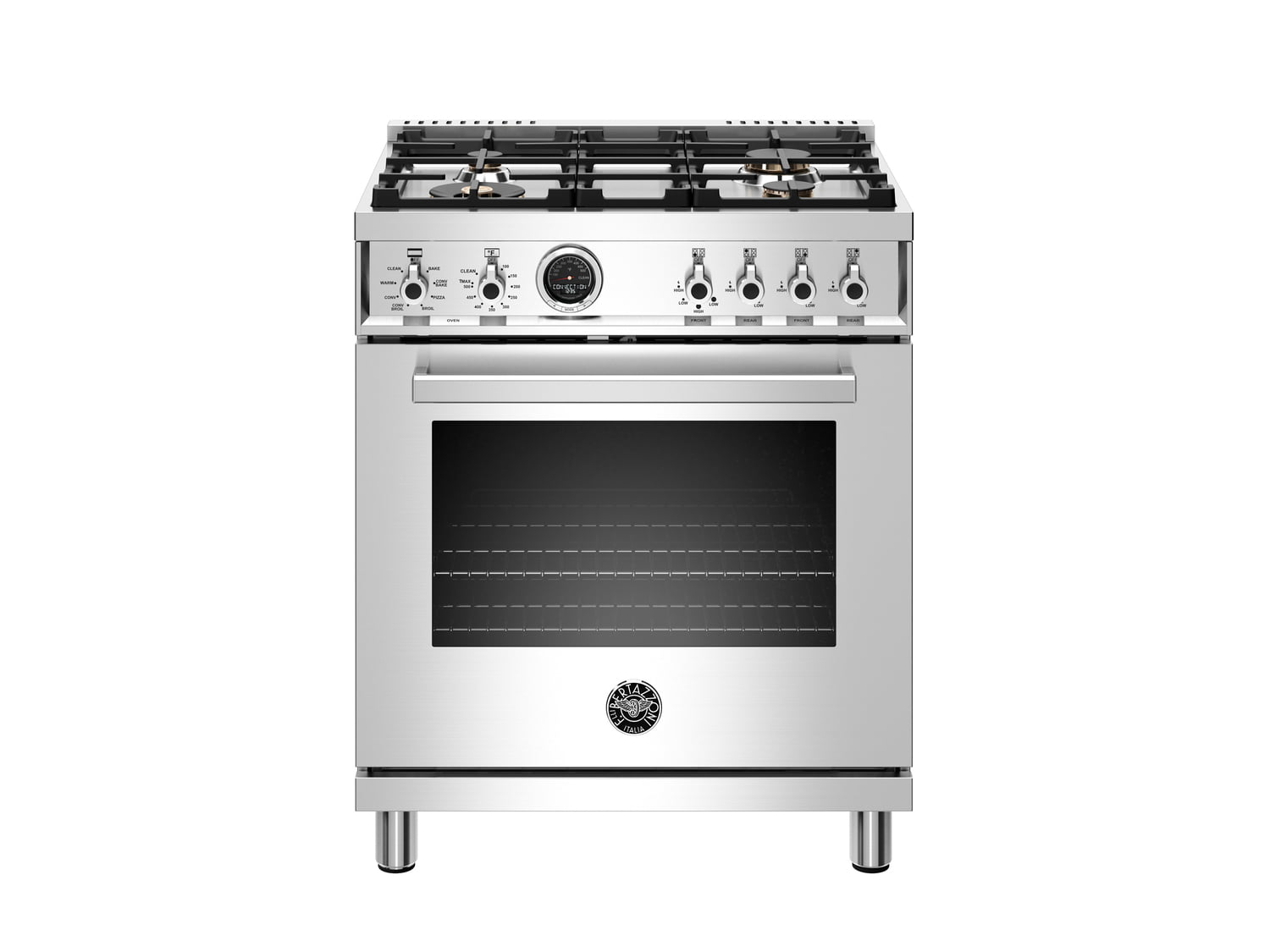 Bertazzoni PROF304DFSXT 30 Inch Dual Fuel Range with 4 Brass Burners & Self-Cleaning Electric Oven - Stainless Steel Professional Gas Stove for Home Kitchen Cooking