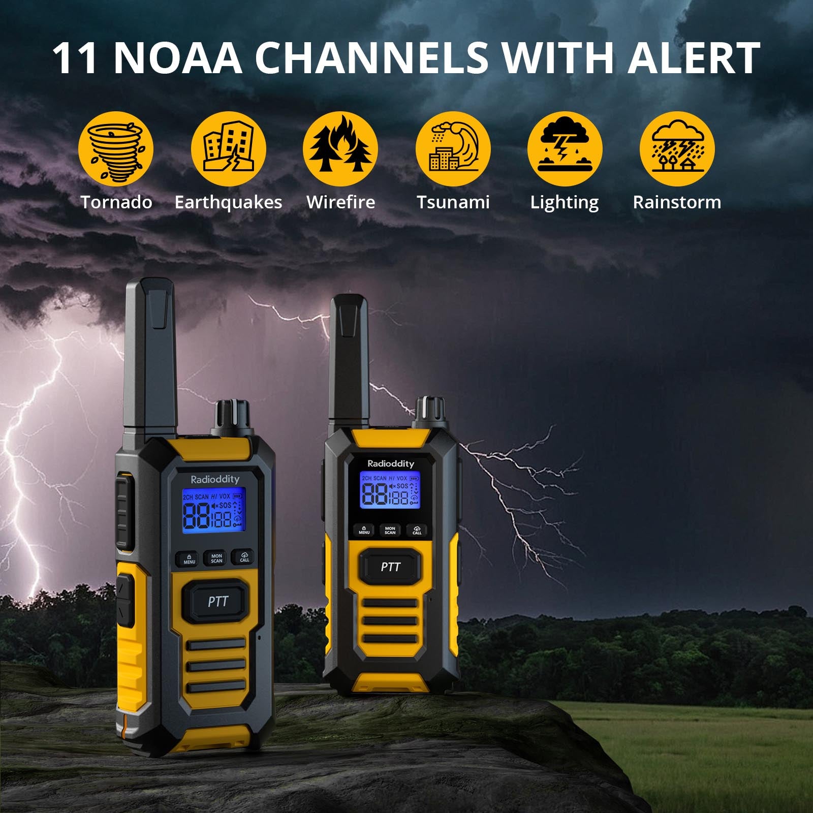 Radioddity HD1 Heavy Duty Walkie Talkie - IP67 Waterproof FRS/PMR Two-Way Radio with Group Call, Vibrate Alert, SOS & Dual PTT | 2400mAh USB-C Rechargeable Battery | Ideal for Construction, Hiking, Camping & Emergency Communication