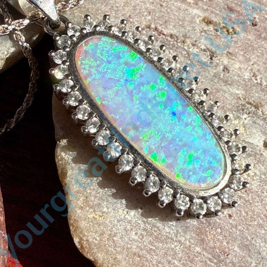 14K Sterling Silver Opal & Cubic Zirconia Pendant Necklace with Chain - Elegant Jewelry for Women, Perfect for Gifts, Parties & Special Occasions