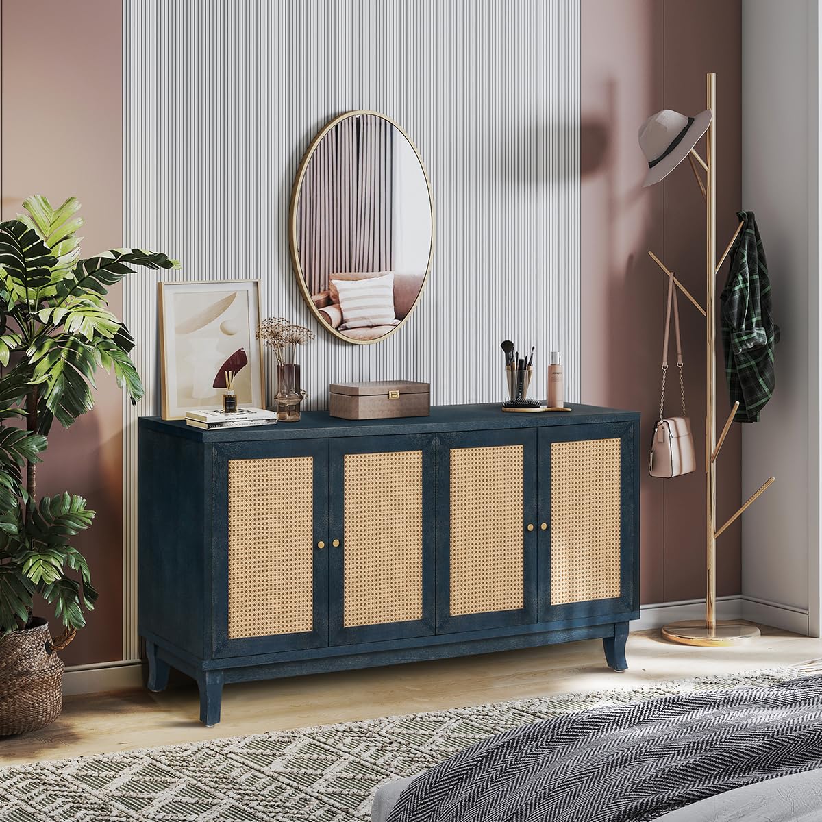 Modern Rattan Sideboard Buffet Cabinet with 4 Woven Doors - Adjustable Shelves Storage Console Table for Living Room, Dining Room & Hallway - Antique Blue Accent Furniture for Farmhouse & Coastal Decor