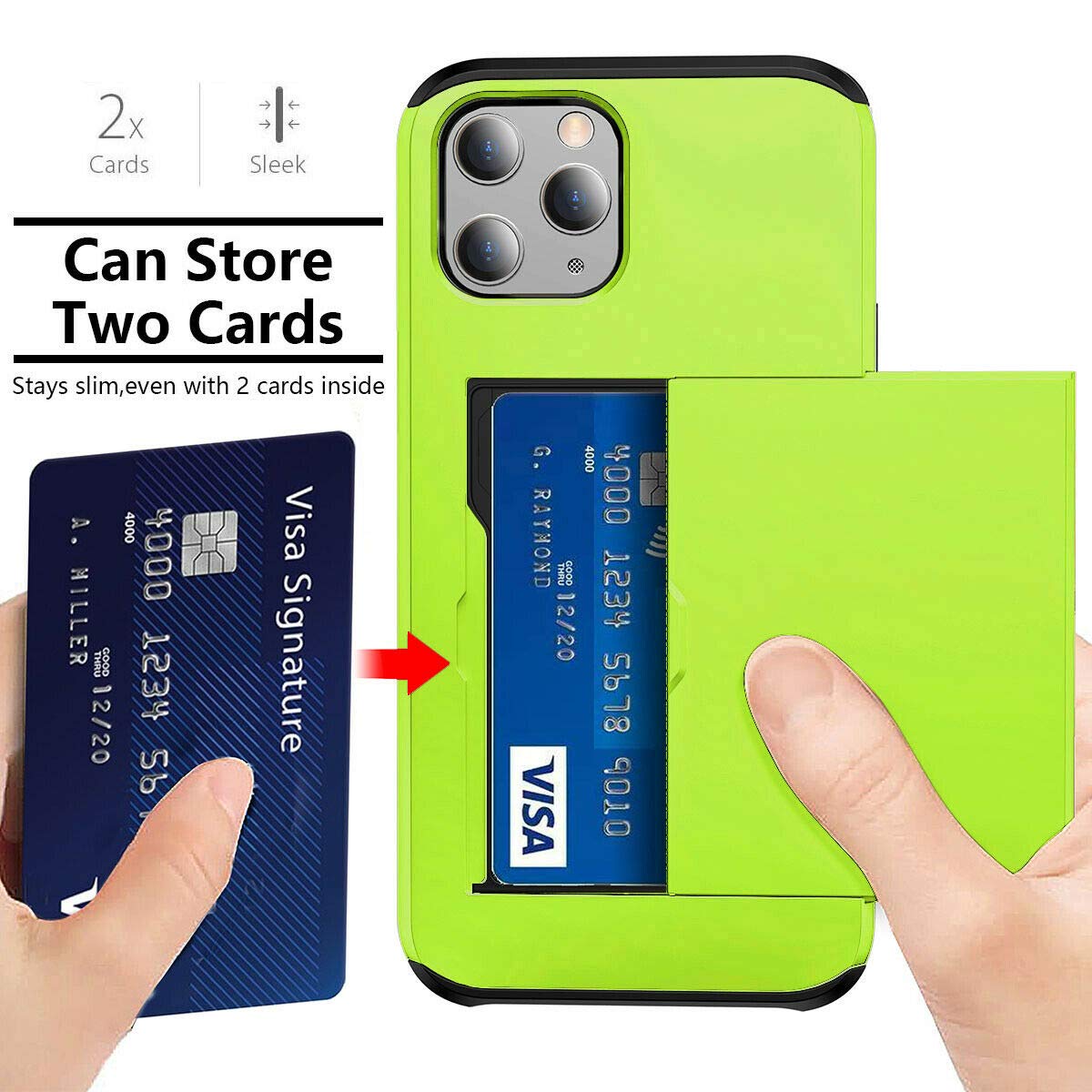 Ultra-Thin Shockproof Hard Back Silicone Case with Credit Card Holder for iPhone 12 Pro Max - Dual Layer Protective Design with ID Card Slot (Neon Green) | Perfect for Daily Use, Travel & Hands-Free Convenience