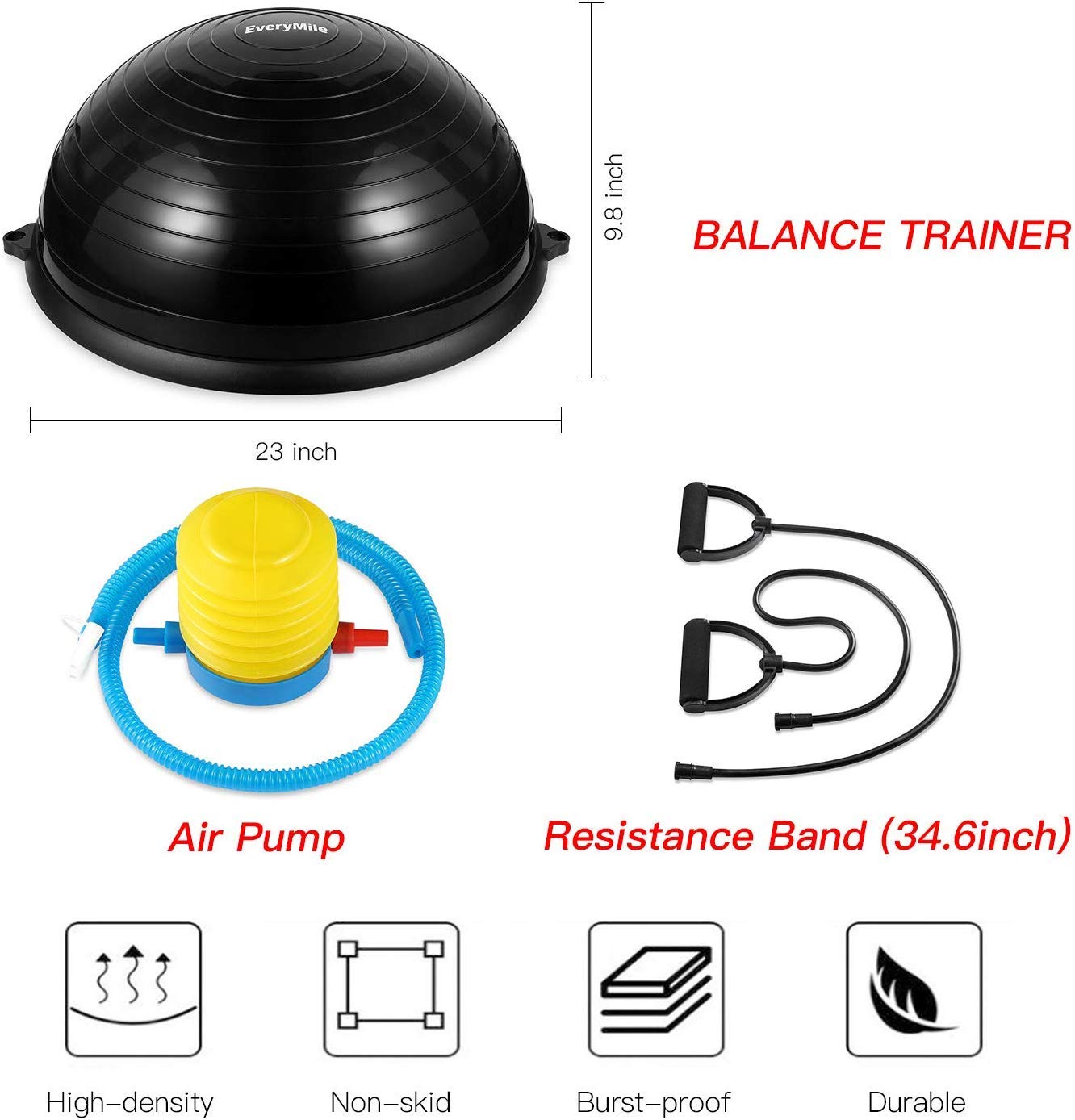 EVERYMILE 23.6 Inch Anti-Slip Balance Ball with Resistance Bands & Pump - Stability Yoga Exercise Ball for Core Training, Home Gym Workouts - Perfect for Pilates, Physical Therapy, and Office Seating