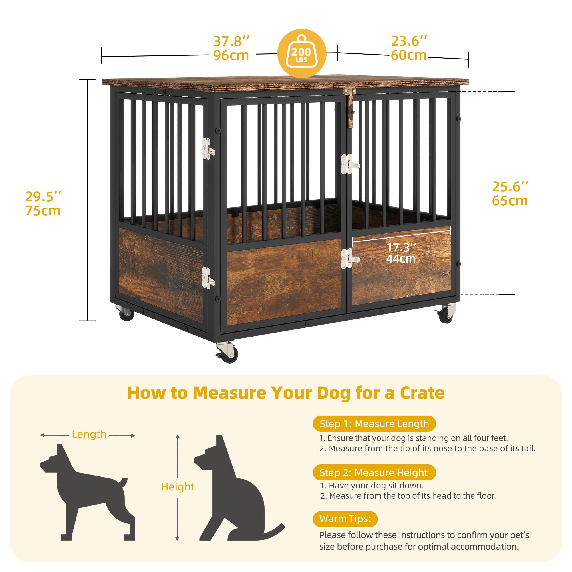 DWVO 38 Inch Rustic Brown Farmhouse Dog Crate Furniture with Wheels - Chew-Resistant Wooden Kennel End Table with Double Doors for Indoor Use | Perfect for Living Room, Bedroom & Home Decor