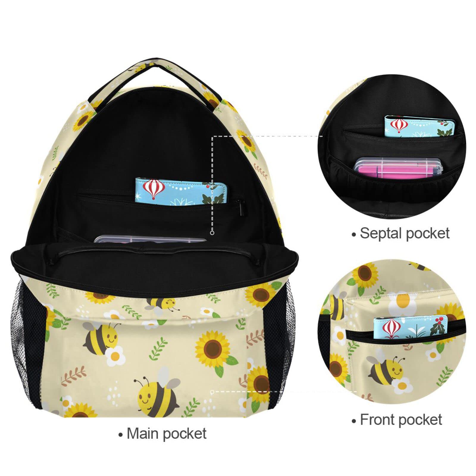 JIPONI Cute Bee Sunflower Backpack for Women & Men - Waterproof School Backpack, College Laptop Bag, Travel Daypack with USB Charging Port - Perfect for Work, Commuting & Outdoor Adventures