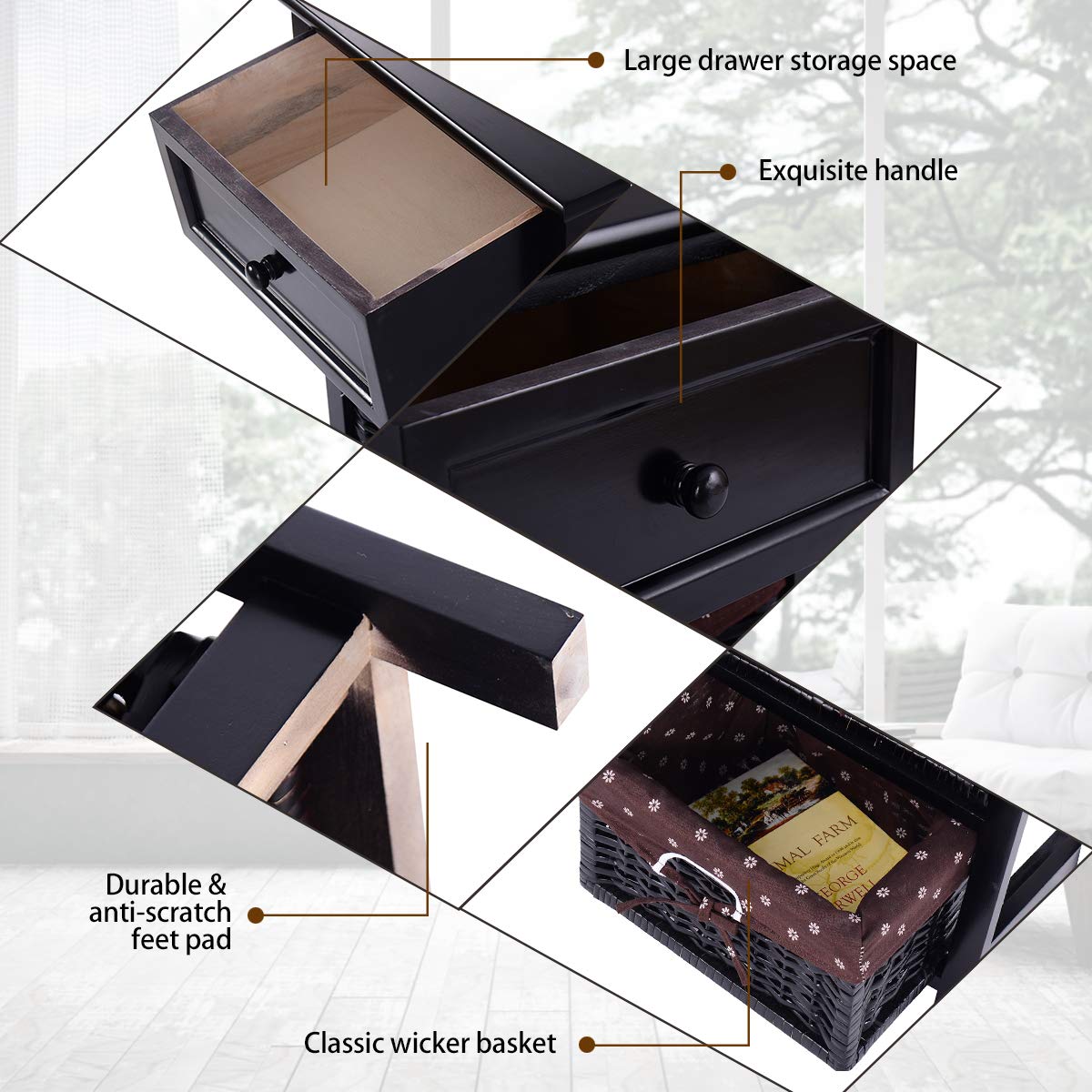 Giantex 3-Tier Wooden Nightstand with 2 Baskets & 1 Drawer - Bedside Table with Storage Organizer for Bedroom, Living Room, Home - End Table for Sofa, Small Space Furniture (Black) - Perfect for Apartment, Dorm, Guest Room & Modern Home Decor