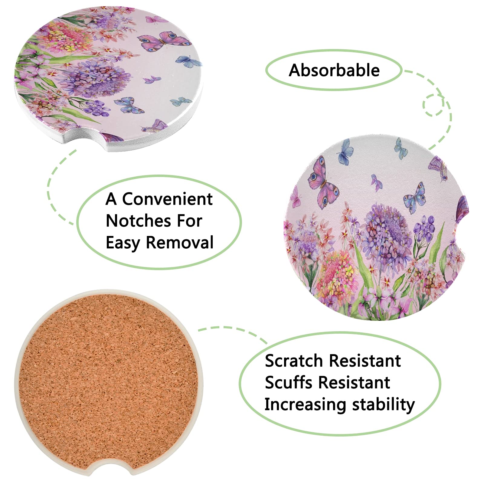 2 Pack Colorful Butterfly Car Coasters for Drinks - Absorbent Ceramic Cup Holder Coasters with Fingertip Grip (2.5 Inch) - Perfect for Cars, Trucks & SUVs to Prevent Spills & Protect Surfaces
